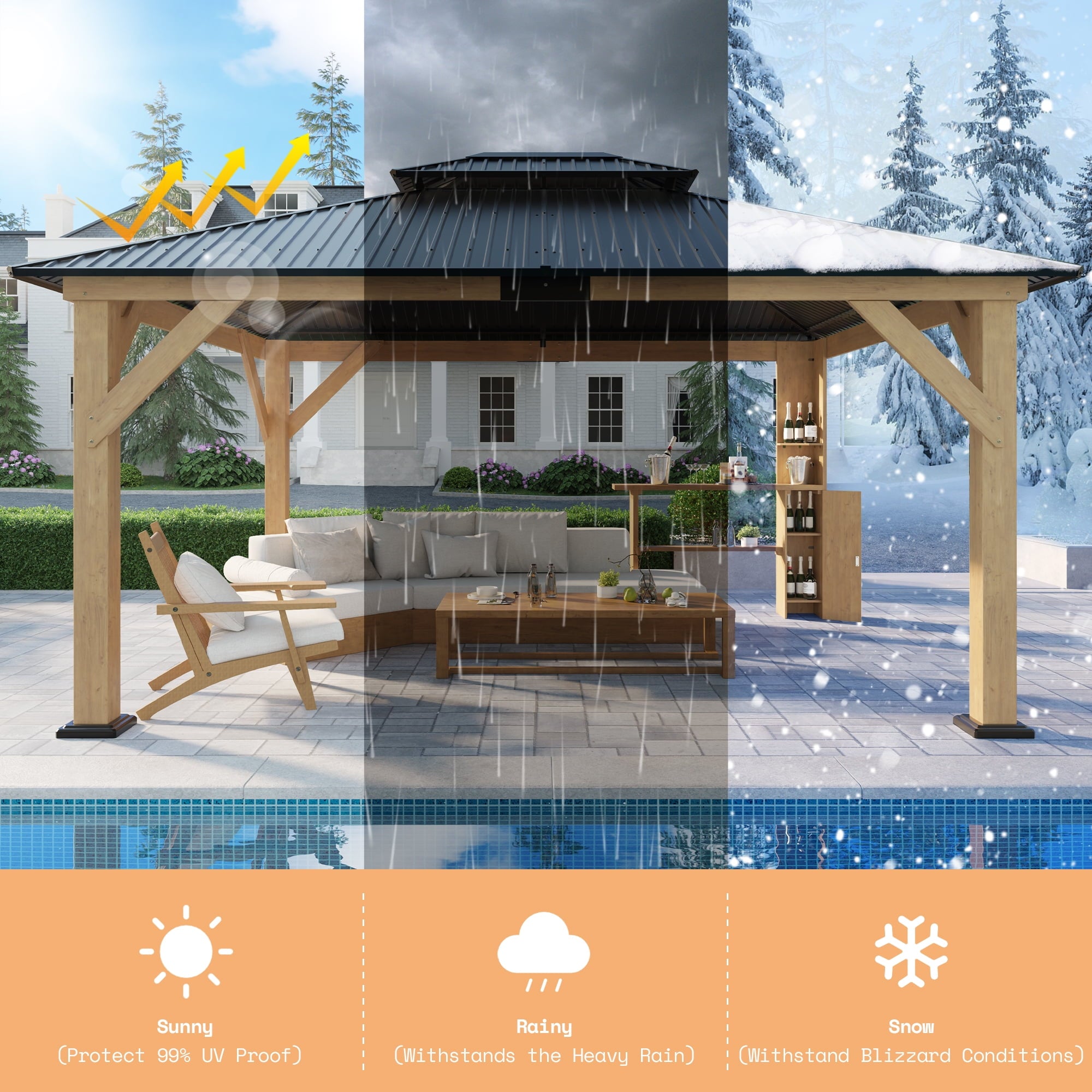 Mazonvintage 13'x15' Wood Gazebo, Mazonvintage Gazebo with Iron Roof Double Roof, Black & Natural Wood