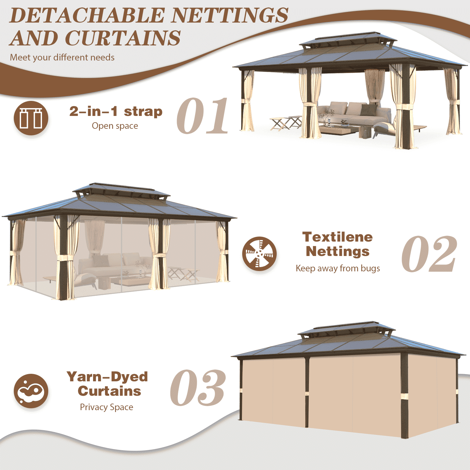 Mazonvintage 12'x20' Gazebo Polycarbonate Double Roof Canopy with Aluminum Frame, Outdoor Permanent Metal Pavilion with Netting and Curtains for Garden Patio Lawns