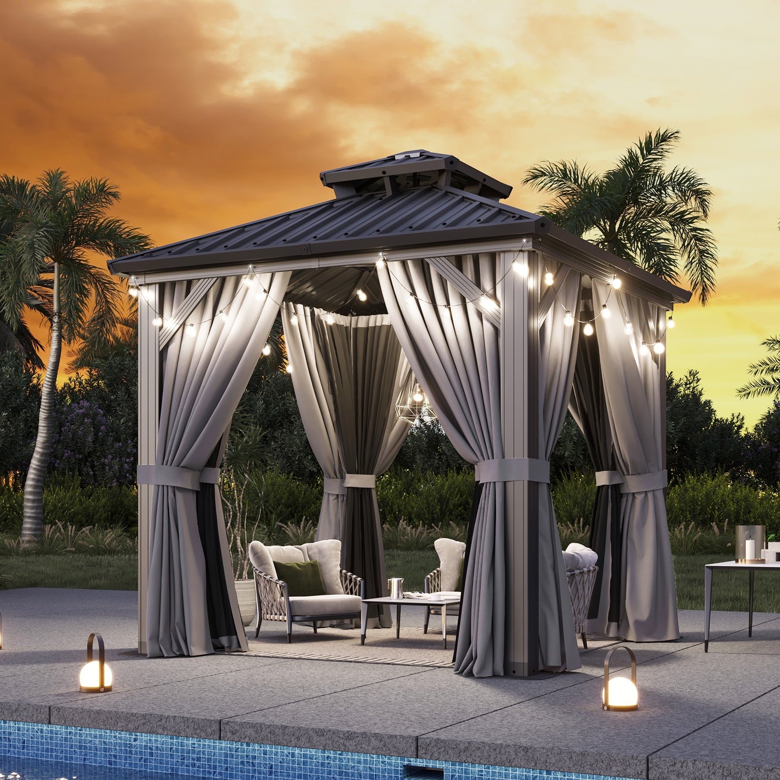 Mazonvintage 8'x8' Hardtop Gazebo, Aluminum Frame Gazebo with Double Galvanized Steel Roof, Outdoor Metal Pavilion with Netting and Curtains for Backyard, Gray