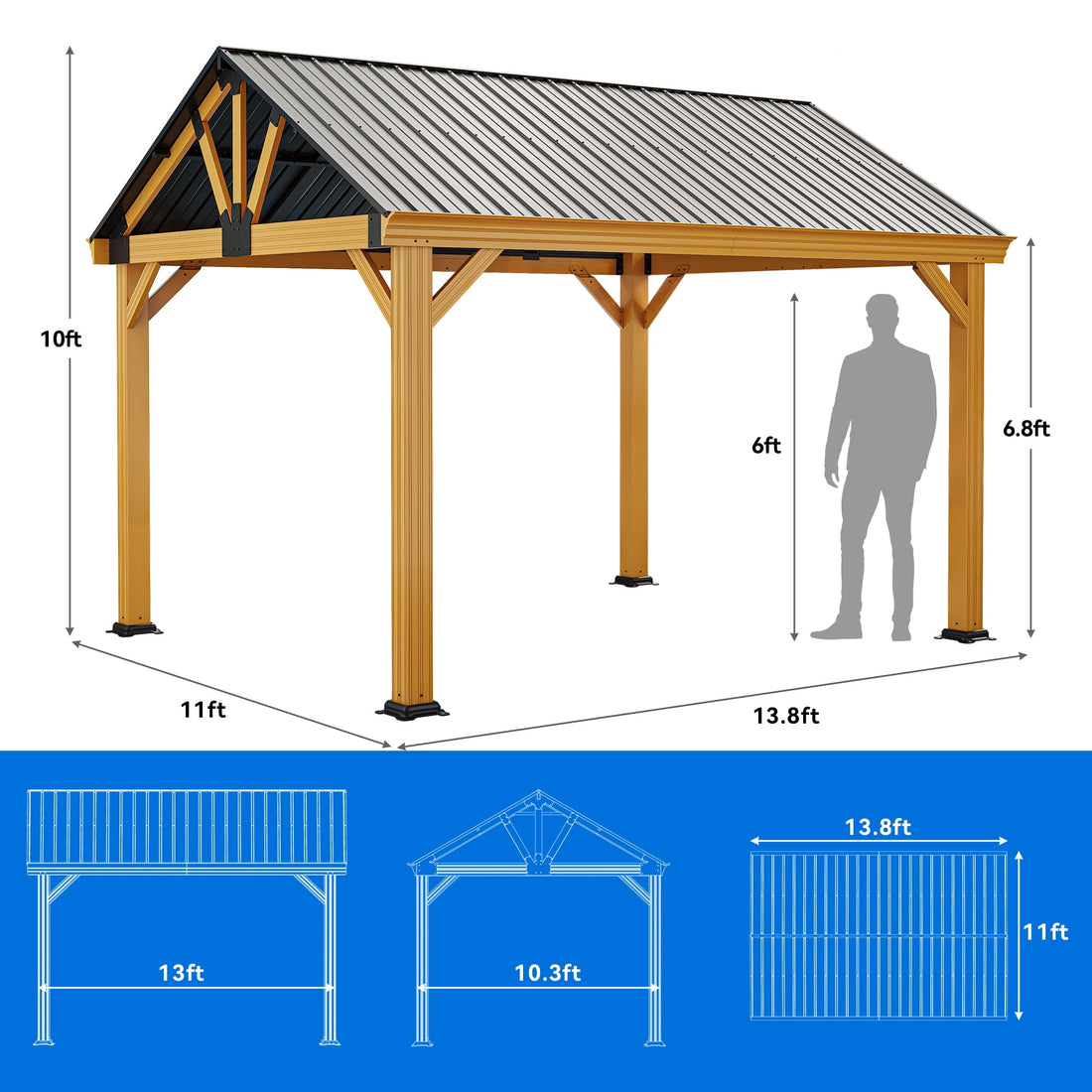 Mazonvintage 11x13FT Hardtop Gazebo, Outdoor Aluminum Canopy with Galvanized Steel Top Pavilion Gable Roof for Lawn, Garden and Balcony (Black)