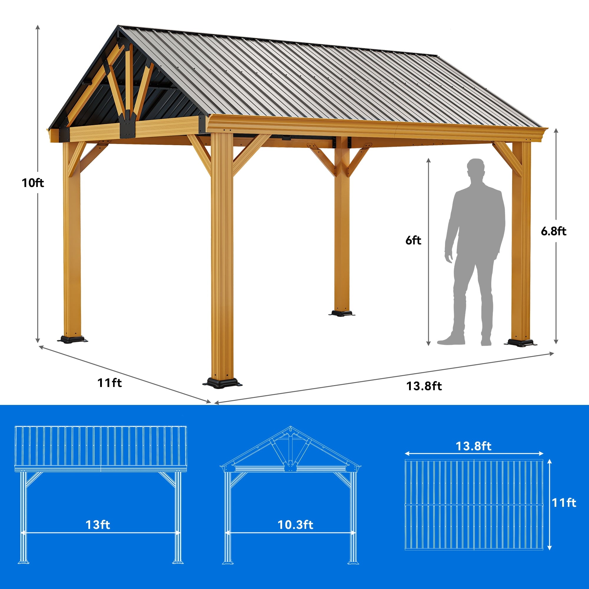 Mazonvintage 11x13FT Hardtop Gazebo, Outdoor Aluminum Canopy with Galvanized Steel Top Pavilion Gable Roof for Lawn, Garden and Balcony (Black)