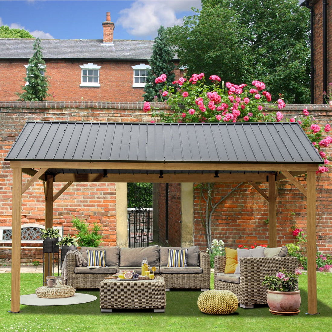 12' x 14' Hardtop Gazebo Outdoor Aluminum Gazebo with Galvanized Steel Gable Canopy for Patio Decks Backyard by Mazonvintage Outdoor Living (Wood Looking)