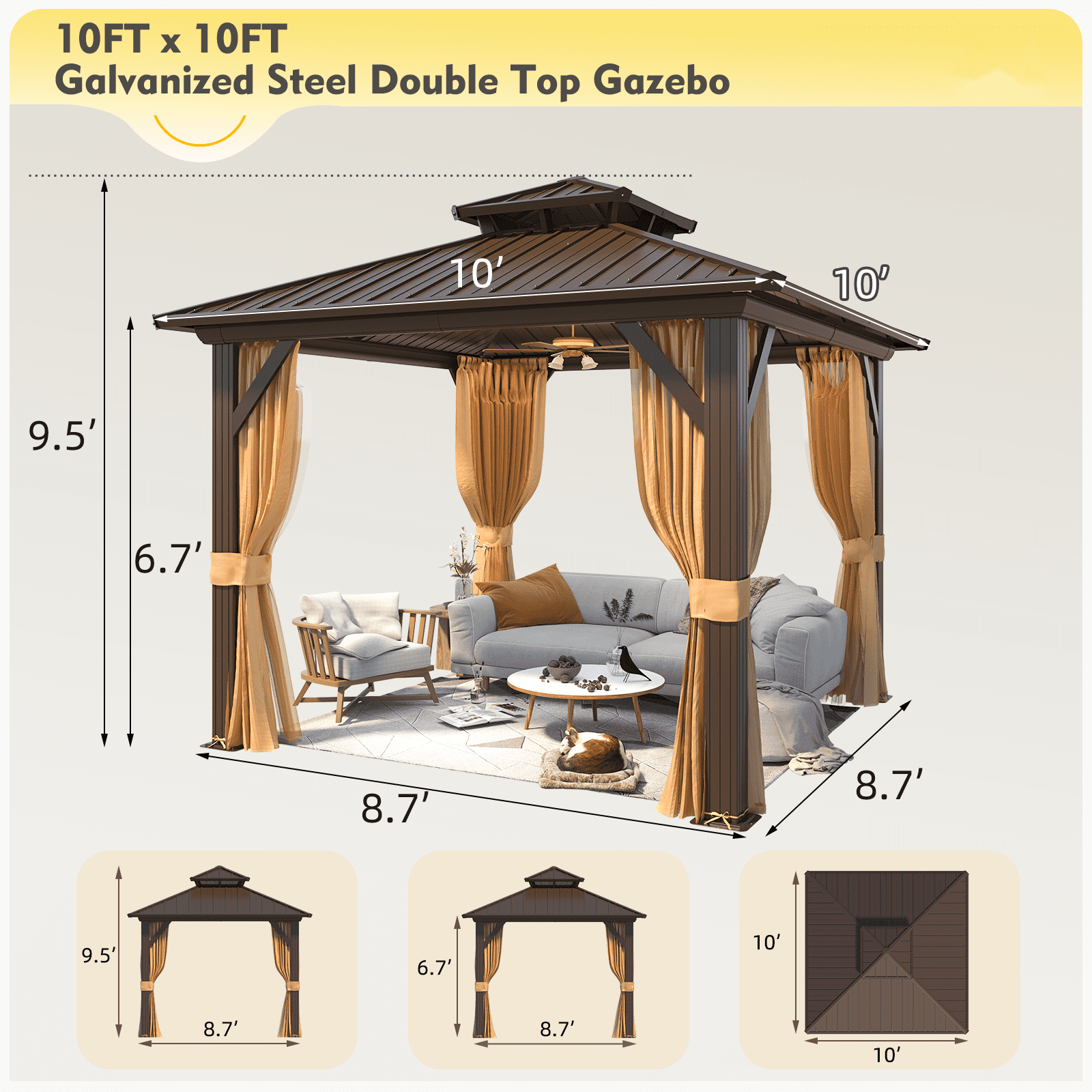 Mazonvintage 10' X 10' Hardtop Gazebo Aluminum Frame Gazebo with Galvanized Steel Double Roof