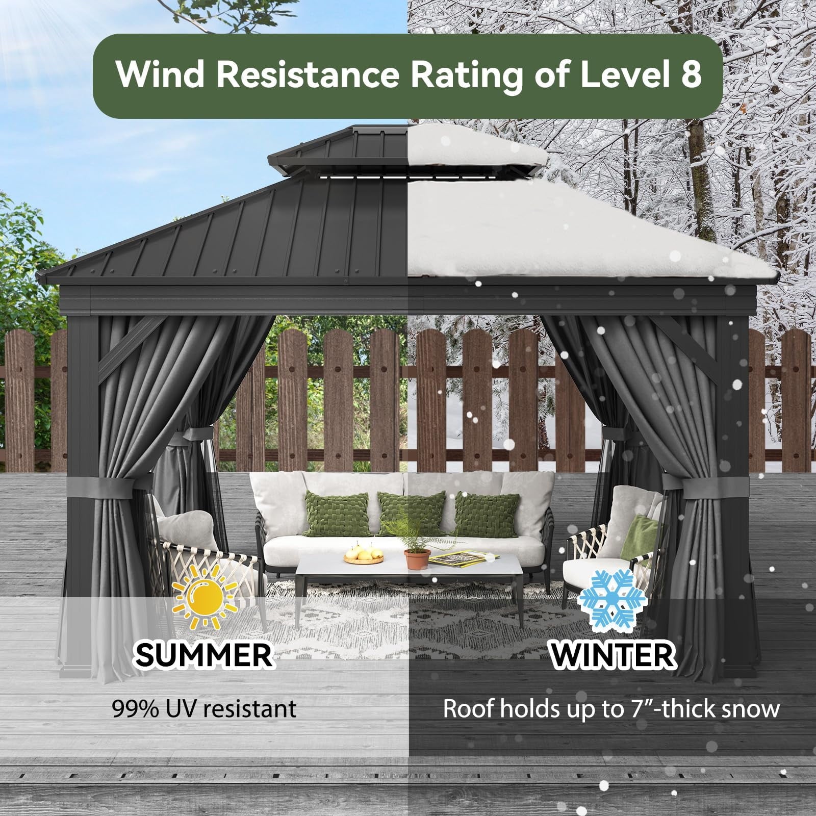 Mazonvintage 10' X 12' Hardtop Gazebo, Aluminum Outdoor Gazebo with Galvanized Steel Double Roof Canopy, Permanent Metal Gazebo with Privacy Curtain and Netting, for Garden, Backyard, Deck