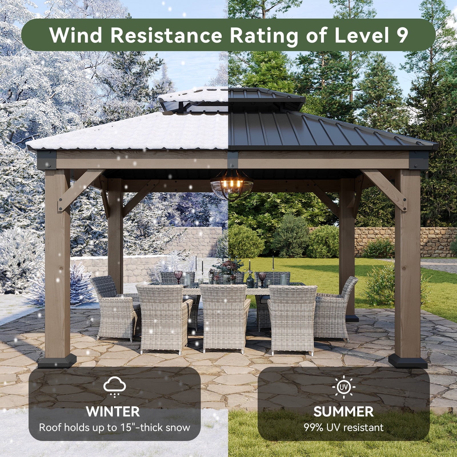 Mazonvintage 10' x 12' Outdoor Wood Gazebo, Hardtop Gazebo Permanent Wooden Pavilion with Galvanized Steel Double Roof, for Patio, Garden, Deck, Cedar Wood