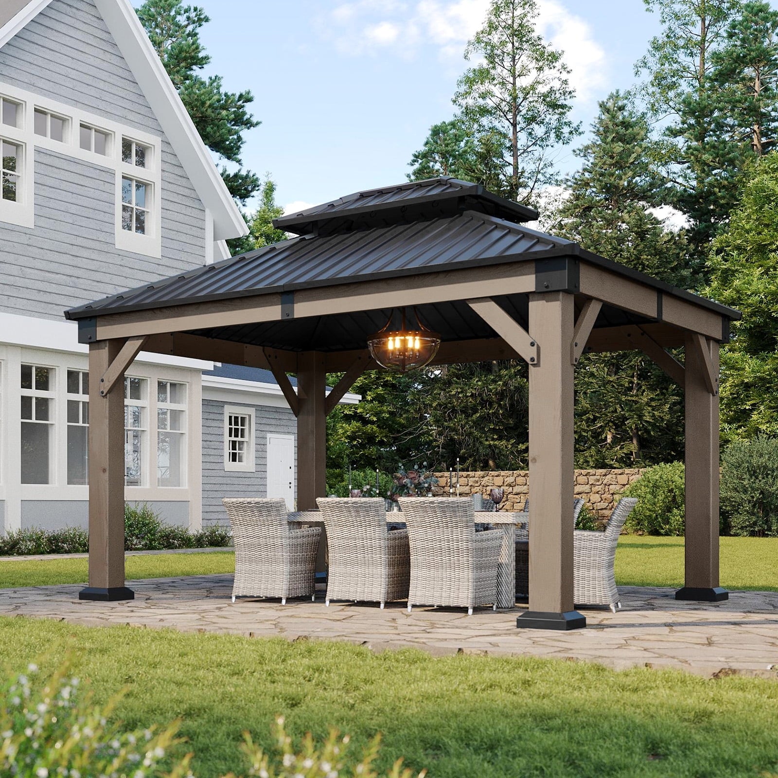 Mazonvintage 10' x 12' Outdoor Wood Gazebo, Hardtop Gazebo Permanent Wooden Pavilion with Galvanized Steel Double Roof, for Patio, Garden, Deck, Cedar Wood