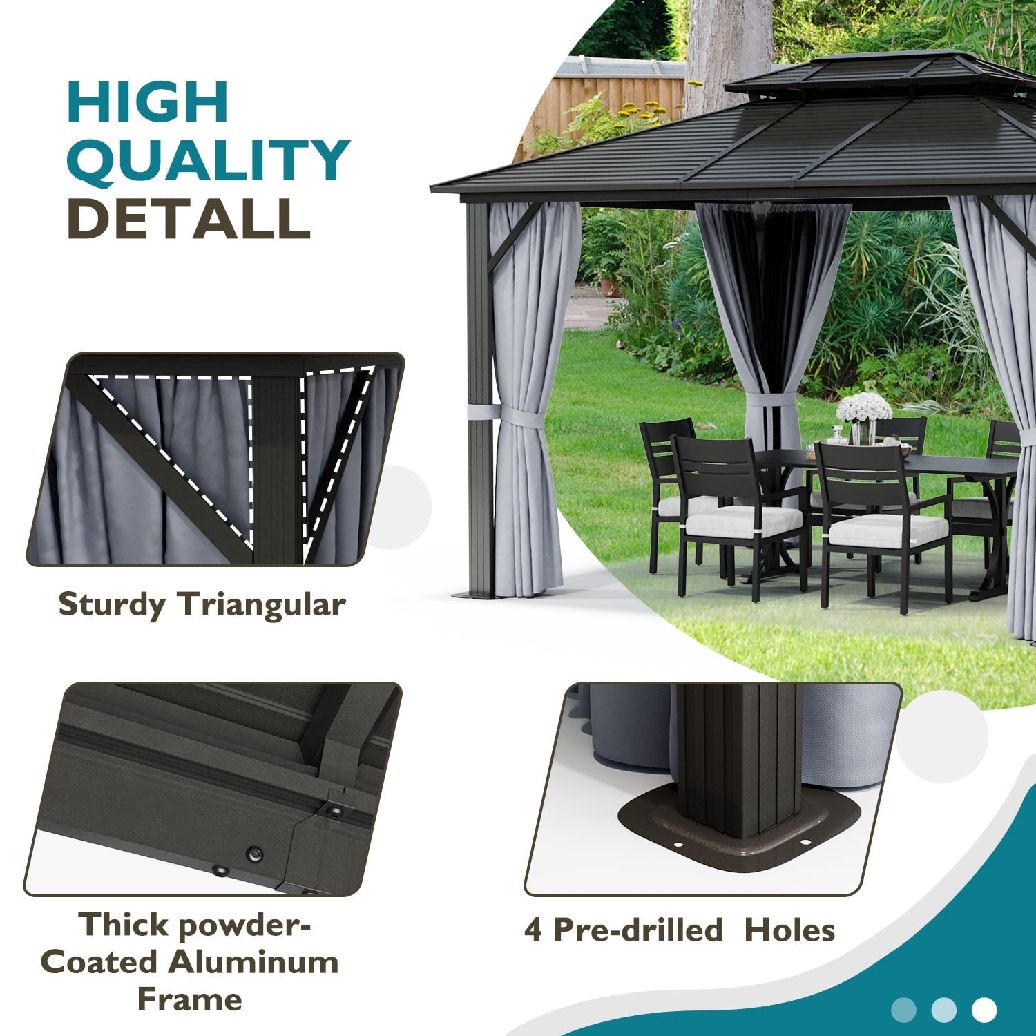 Mazonvintage 10 ft. x 12 ft. Outdoor Hardtop Gazebo, Galvanized Steel Double Roof Gazebo with Curtain and Netting, Gray