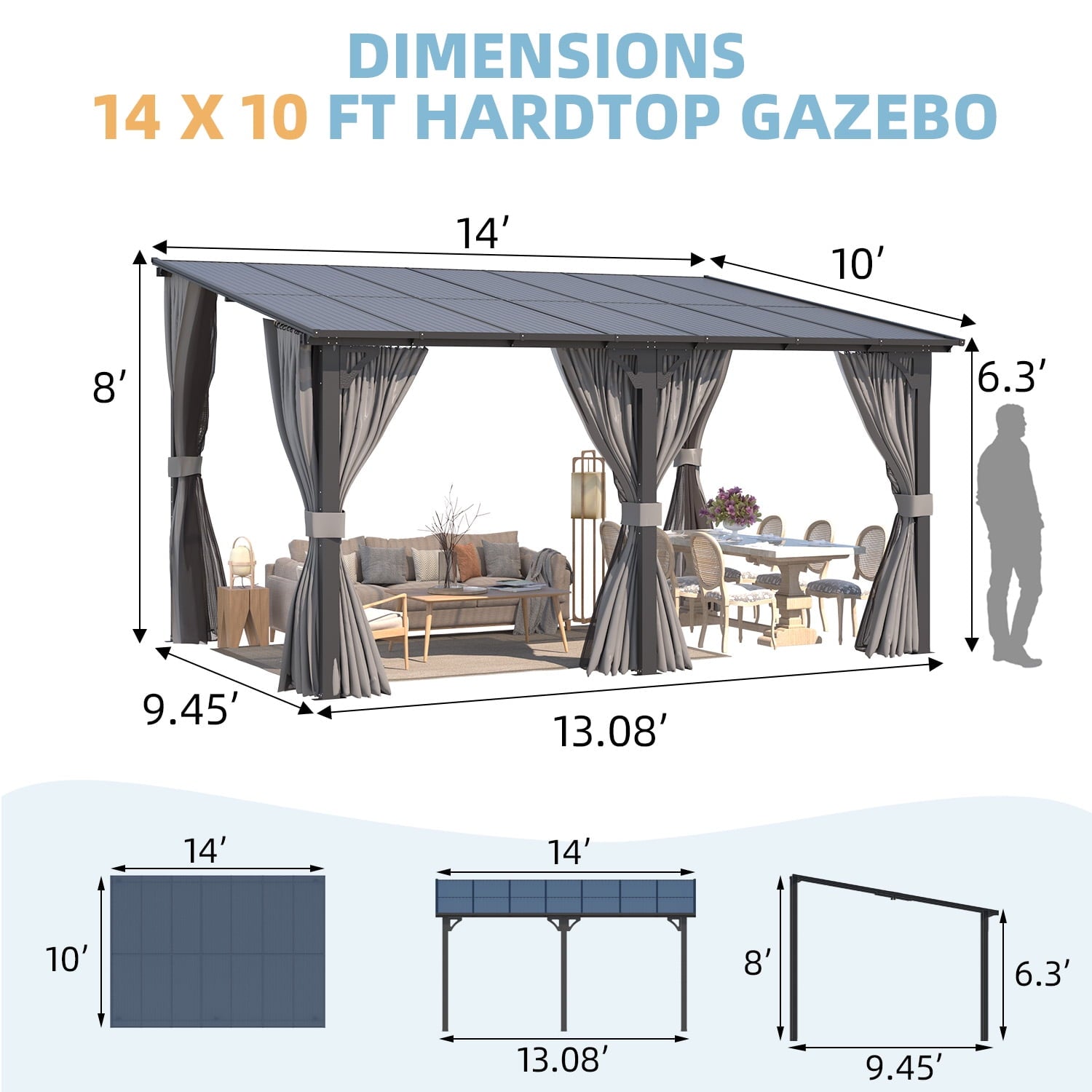 Mazonvintage 14' x 10' Lean to Gazebo with Netting and Curtain Outdoor Hardtop Gazebo Aluminum Metal Pergola ​For Garden, Patio, Backyard-​Dark ​Gray