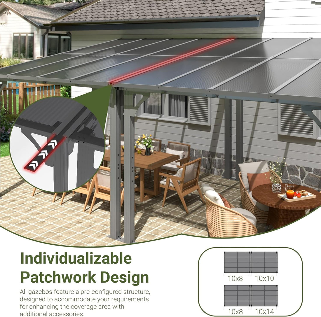 Mazonvintage 10'x22' Outdoor Splicable Gazebo, Mazonvintage Wall Mounted Gazebo & Pergola with Aluminum Frame and Sloping Roof, for Backyard, Deck, Patio-Gray