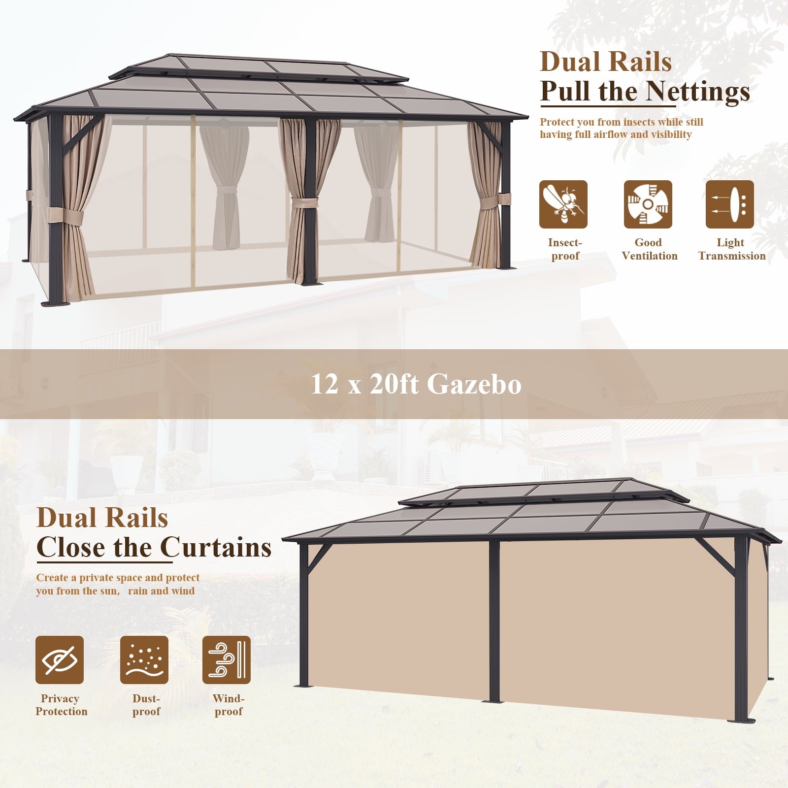Mazonvintage 12x20FT Hardtop Gazebo, Aluminum Frame Permanent Pavilion with Curtains and Netting, Outdoor Polycarbonate Double Roof Canopy, Designed for Garden, Lawns, Patio
