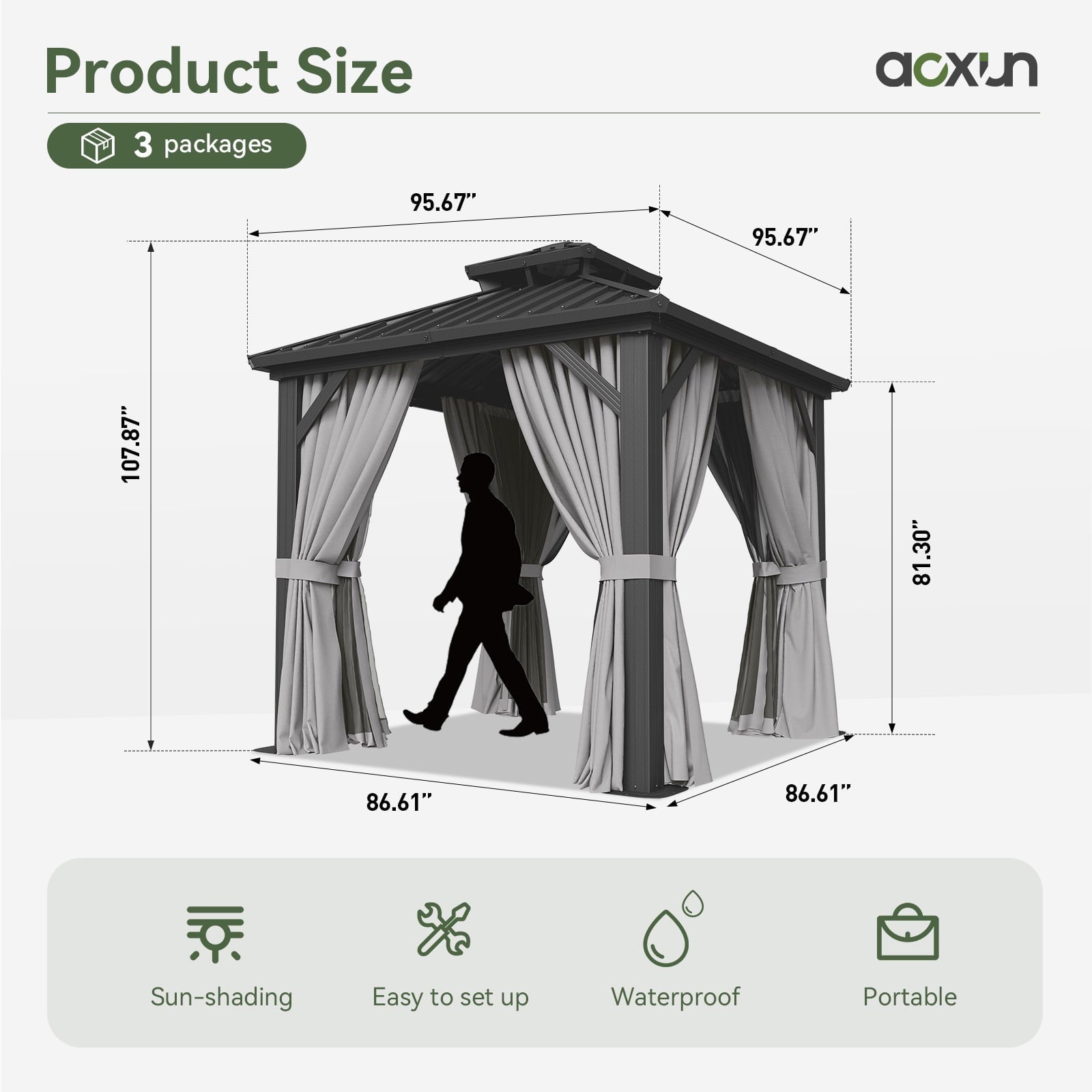 Mazonvintage 8'x8' Hardtop Gazebo, Aluminum Frame Gazebo with Double Galvanized Steel Roof, Outdoor Metal Pavilion with Netting and Curtains for Backyard, Gray