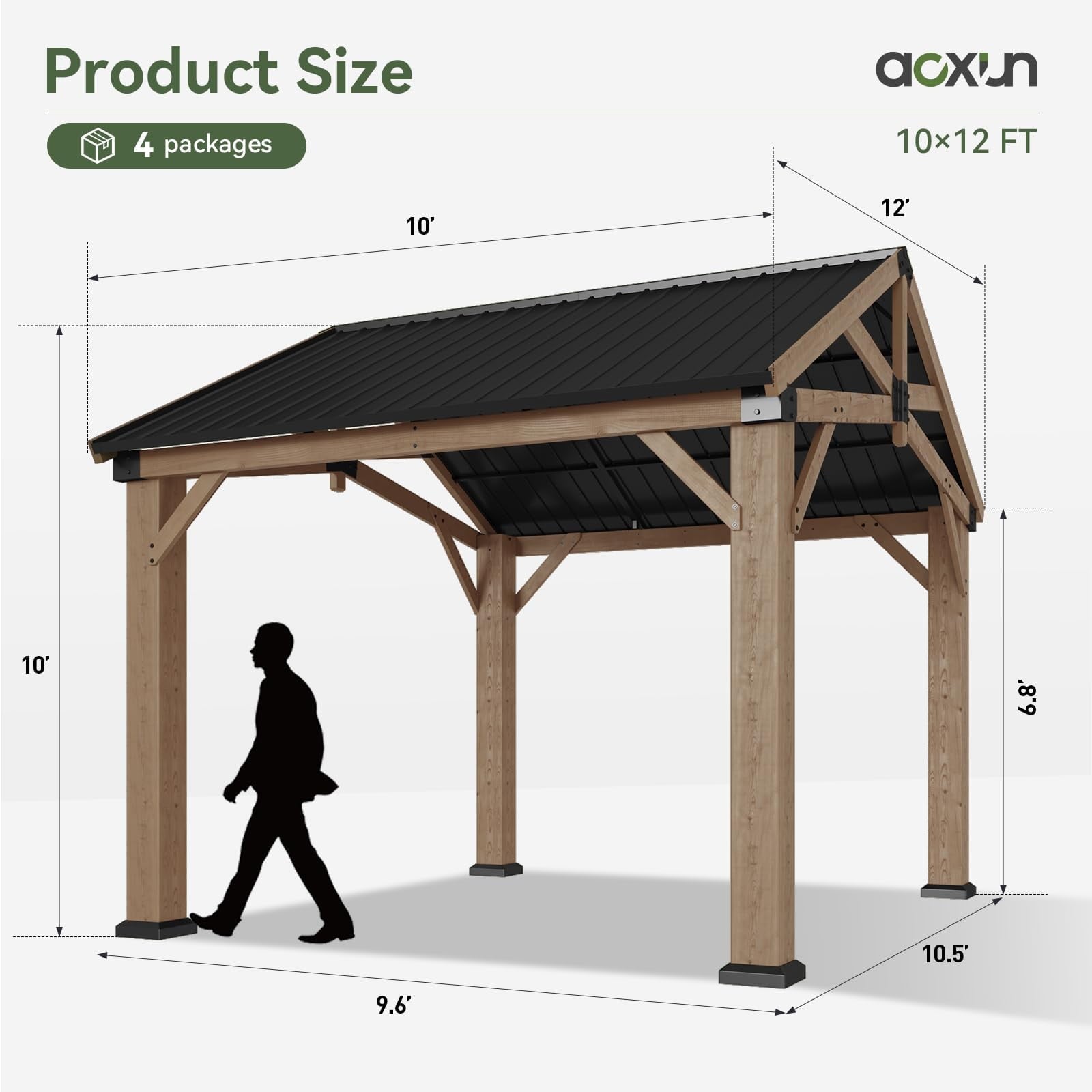 Mazonvintage 10' x 12' Outdoor Wood Gazebo, Hardtop Gazebo Permanent Wooden Pavilion with Galvanized Steel Gable Roof, for Patio, Garden, Deck, Cedar Wood
