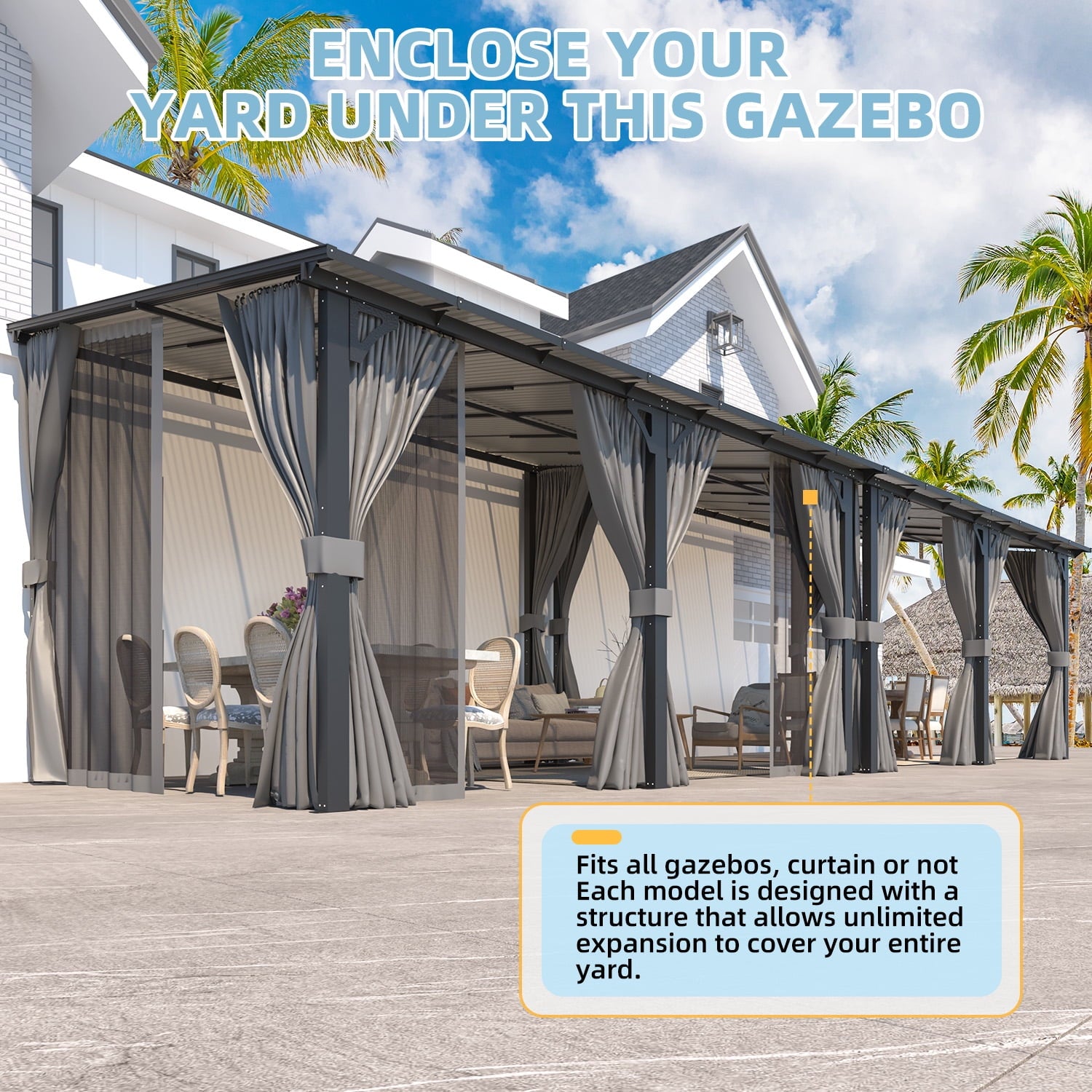 Mazonvintage 20' x 12' Lean to Gazebo with Netting and Curtain Outdoor Mazonvintage Gazebo Aluminum Metal Pergola ​For Garden, Patio, Mazonvintage-​Dark ​Gray