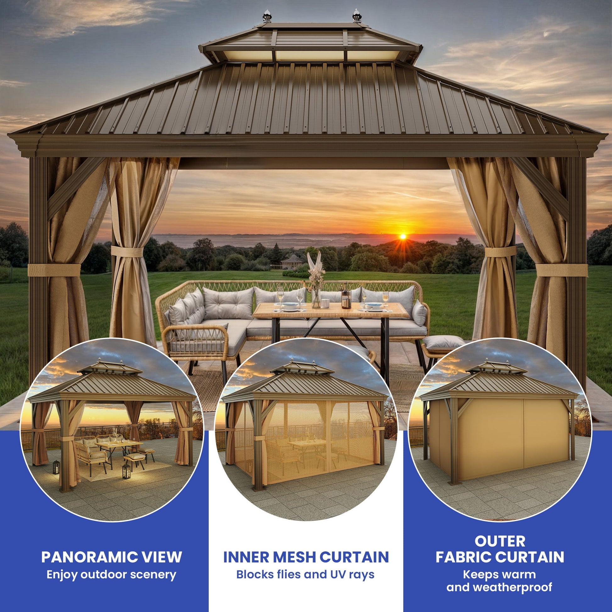 Mazonvintage 12' x 14'  Outdoor Hardtop Gazebo with Netting & Shaded Curtains, Heavy Duty Double Roof Galvanized Steel Garden Tent for Patio, Mazonvintage, Bronze