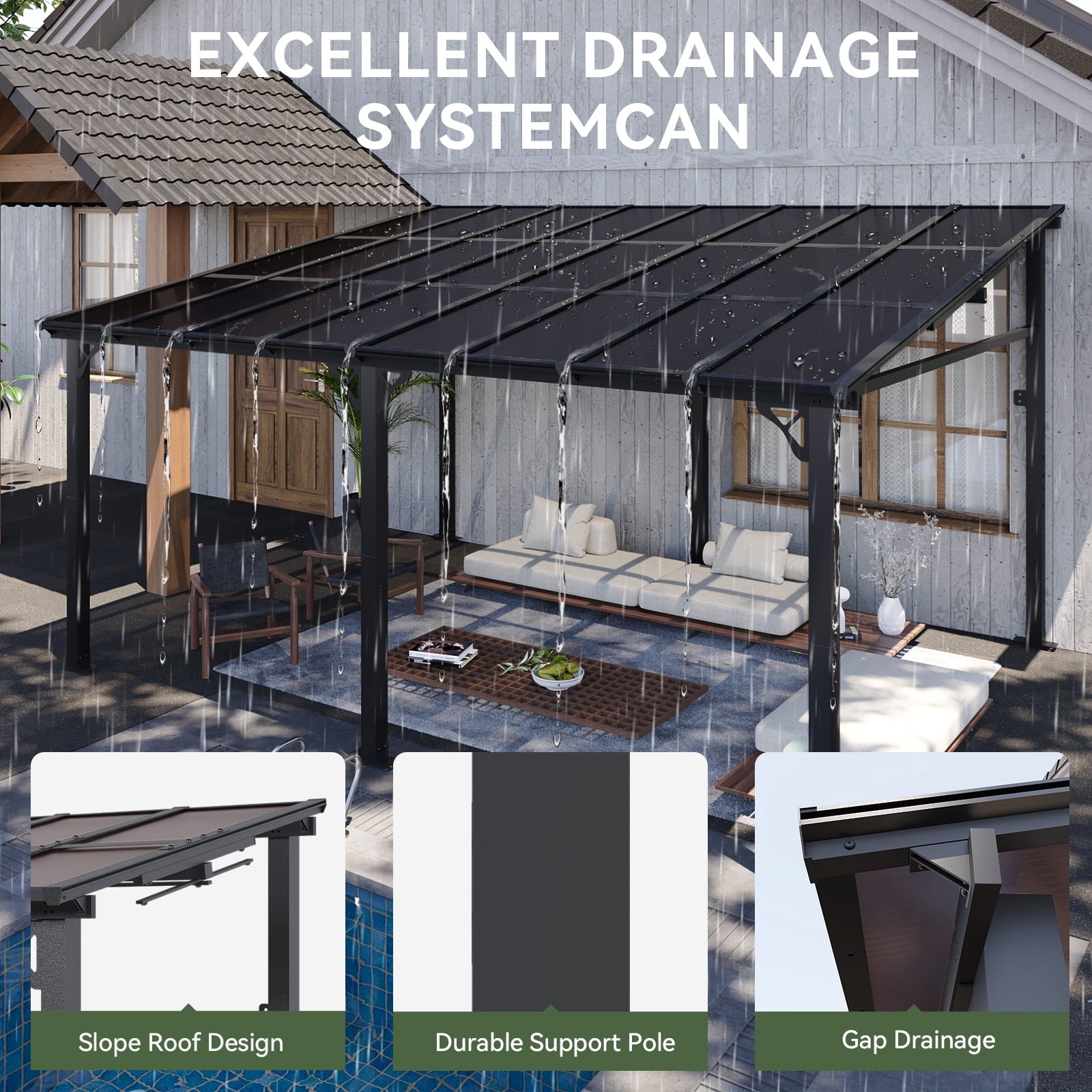 Mazonvintage 12' x 16' Gazebo for Patio, Large Wall-Mounted Heavy Duty Awnings, Gazebo Pergola with Sloped Roof, for Backyard, Deck, Patio