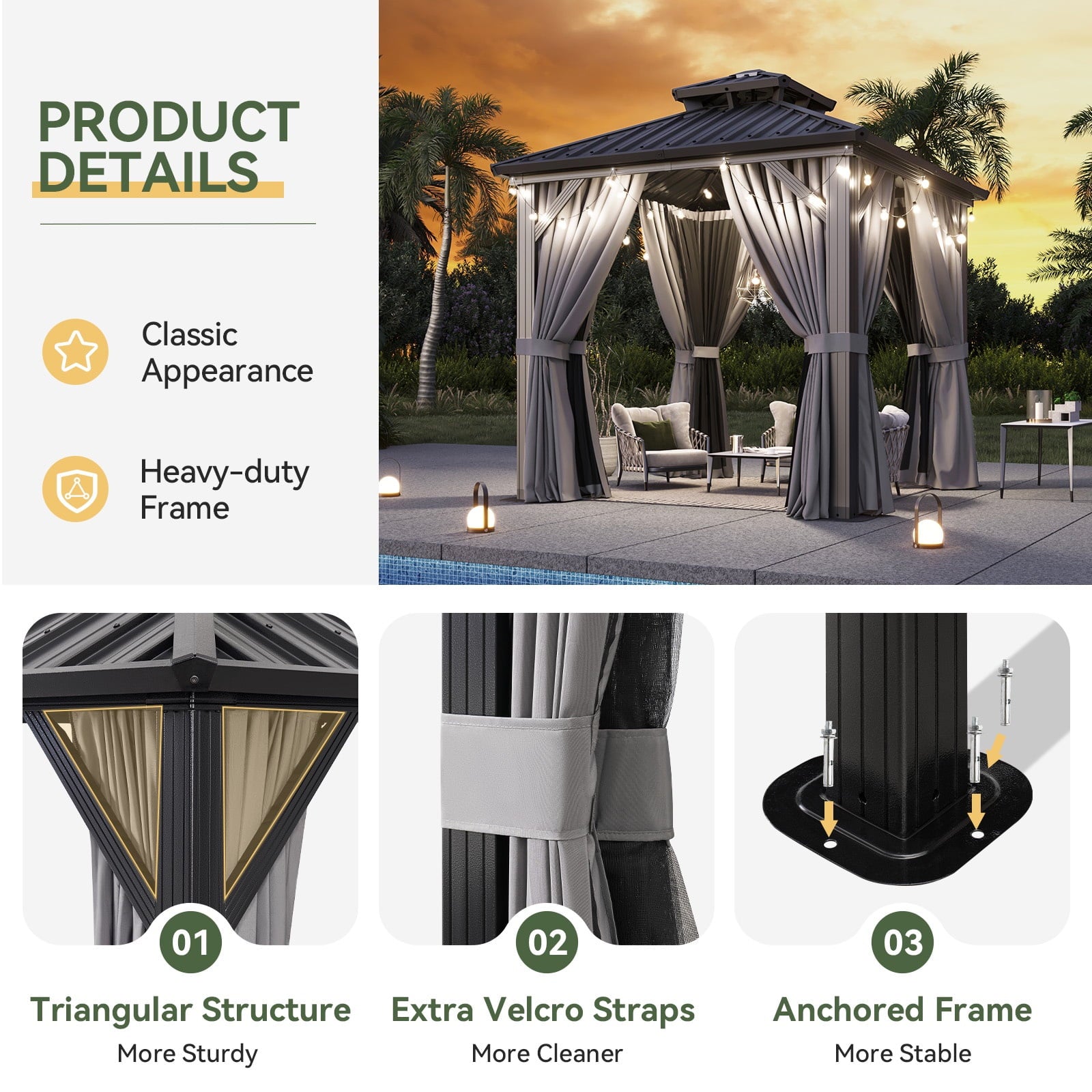 Mazonvintage 8'x8' Hardtop Gazebo, Aluminum Frame Gazebo with Double Galvanized Steel Roof, Outdoor Metal Pavilion with Netting and Curtains for Backyard, Gray
