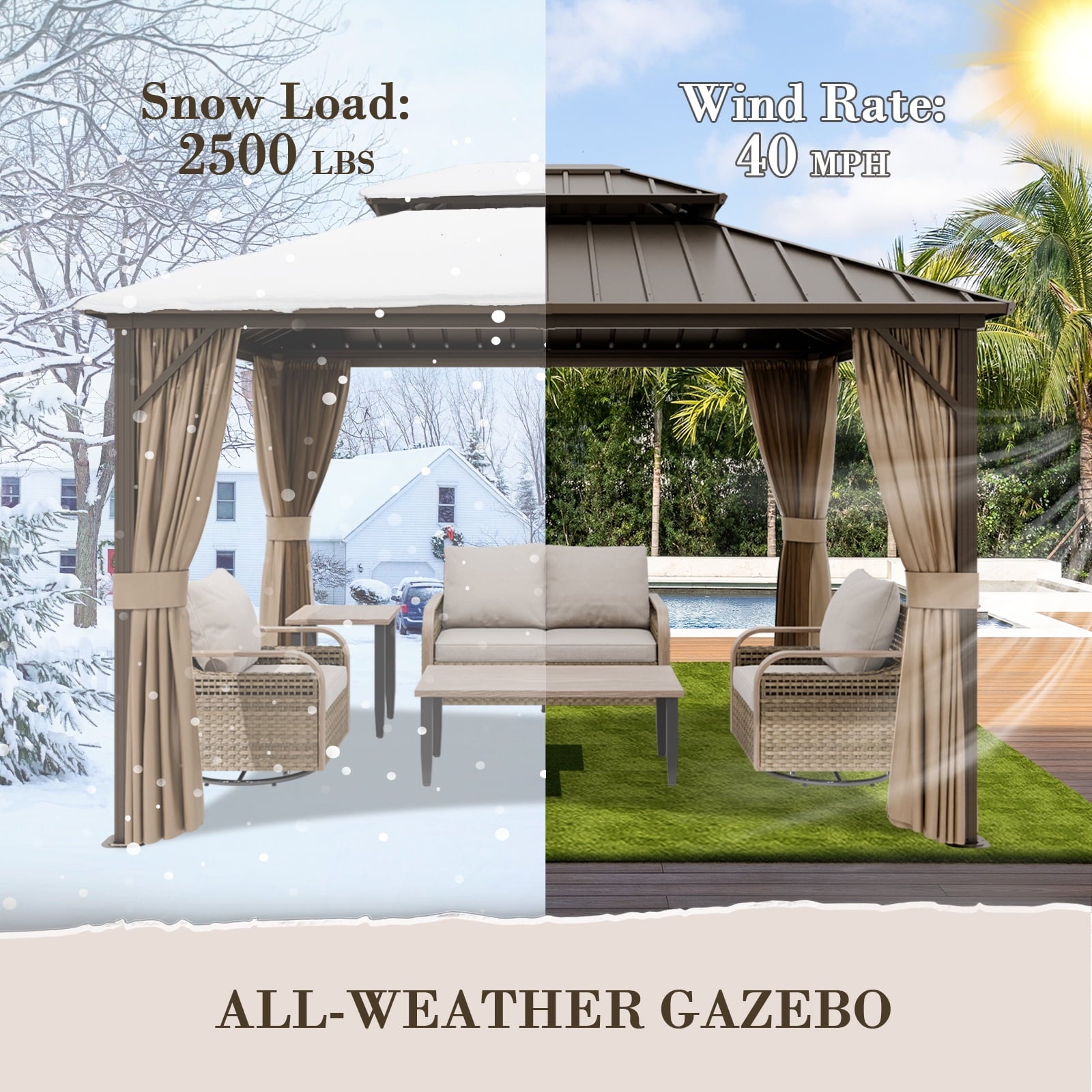Mazonvintage PEAK 10'x 12' Outdoor Patio Hardtop Gazebo with Aluminum Frame, Galvanized Steel Double Roof with Netting and Curtains for Garden, Yard, Lawns, Brown