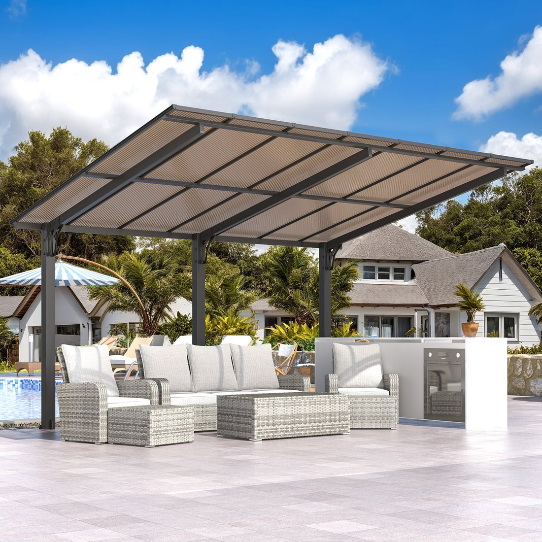 Mazonvintage 14' x 10' Gazebo, Outdoor Wall Mounted Mazonvintage Gazebo & Pergola with Aluminum Frame for Patio, Porch and Backyard in Black
