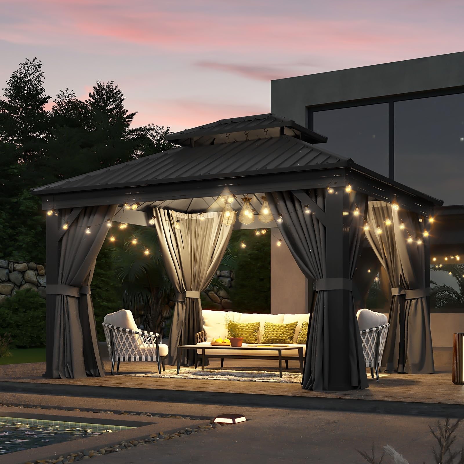 Mazonvintage 10' X 12' Hardtop Gazebo, Aluminum Outdoor Gazebo with Galvanized Steel Double Roof Canopy, Permanent Metal Gazebo with Privacy Curtain and Netting, for Garden, Backyard, Deck