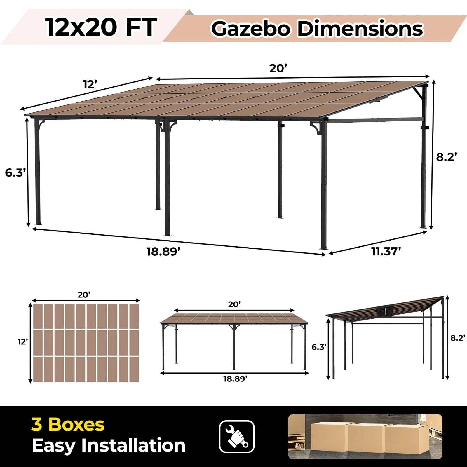 Mazonvintage 12'x20' Outdoor Wall Mounted Gazebo, Hardtop Pergola, Metal Awnings for Patio Mazonvintage Deck