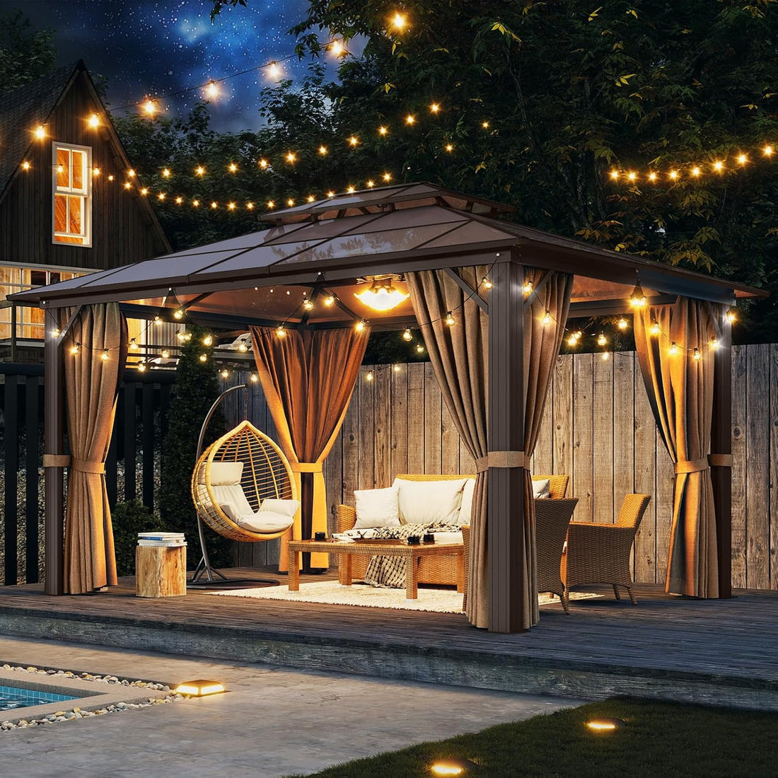 Mazonvintage 10'x13' Hardtop Gazebo, Aluminum Frame Permanent Pavilion with Curtains and Netting, Outdoor Polycarbonate Gazebo, Double Roof Canopy, for Gardens, Patios, Lawns