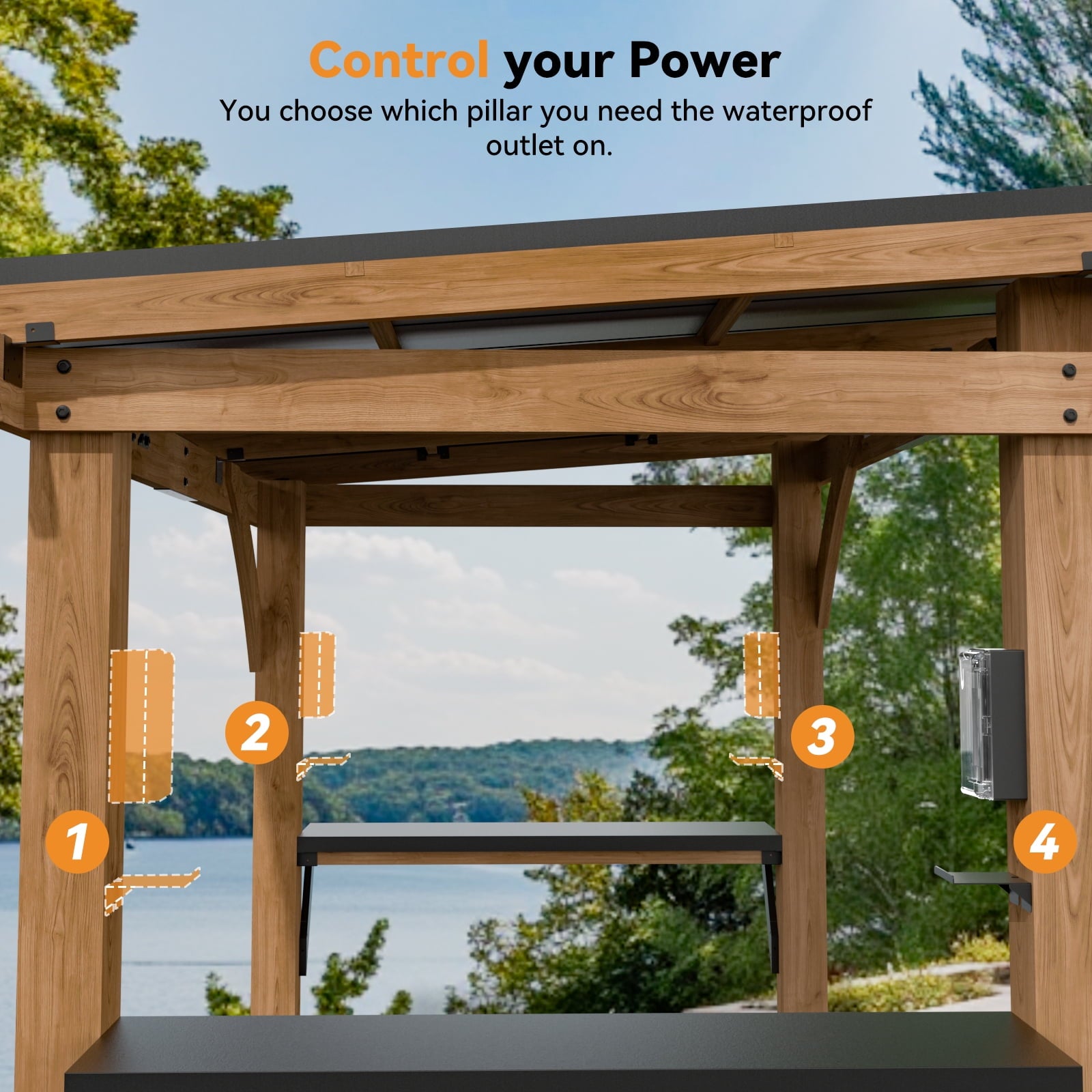 Mazonvintage Shade Grill Gazebo 6' X 8', Cedar Wood Gazebo with Shelves and Paper Towel Holder, Patio Gazebo with Galvanized Steel Roof, USB and USB-C Charging Ports, BBQ Gazebo for Patio Backyard