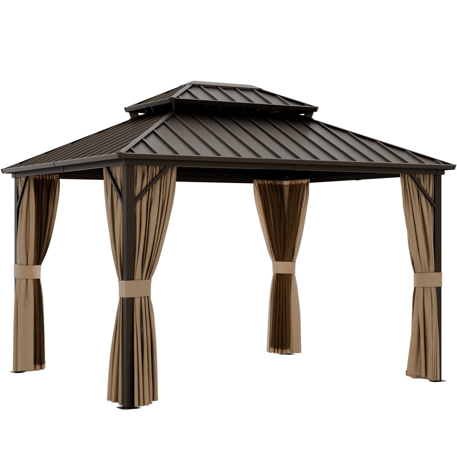 Mazonvintage PEAK 10'x 12' Outdoor Patio Hardtop Gazebo with Aluminum Frame, Galvanized Steel Double Roof with Netting and Curtains for Garden, Yard, Lawns, Brown
