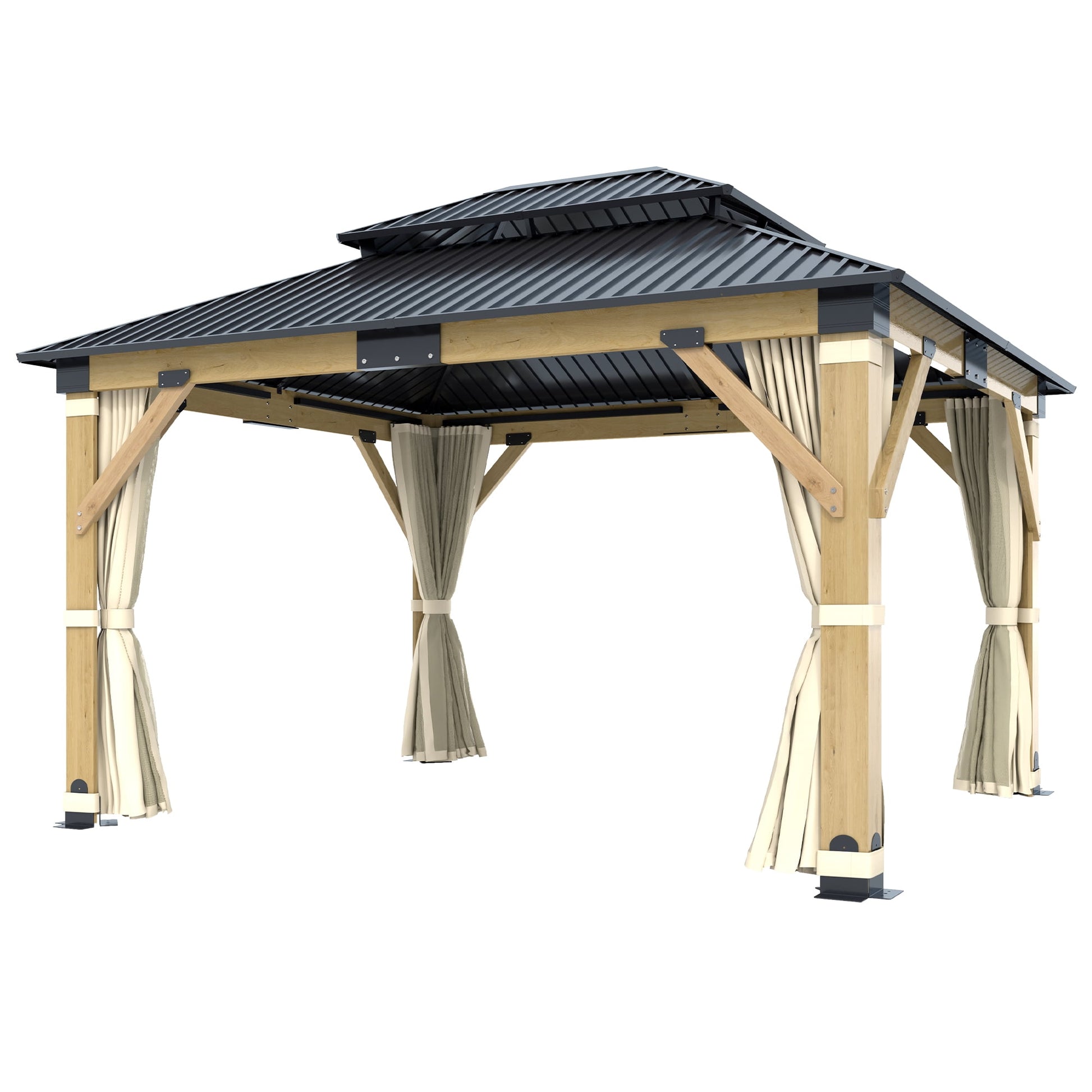 Mazonvintage 11 x 13 ft. Patio Cedar Wood Gazebo, Double Metal Roof Mazonvintage Wooden Gazebos with Curtains and Netting for Mazonvintage, Deck, Lawns