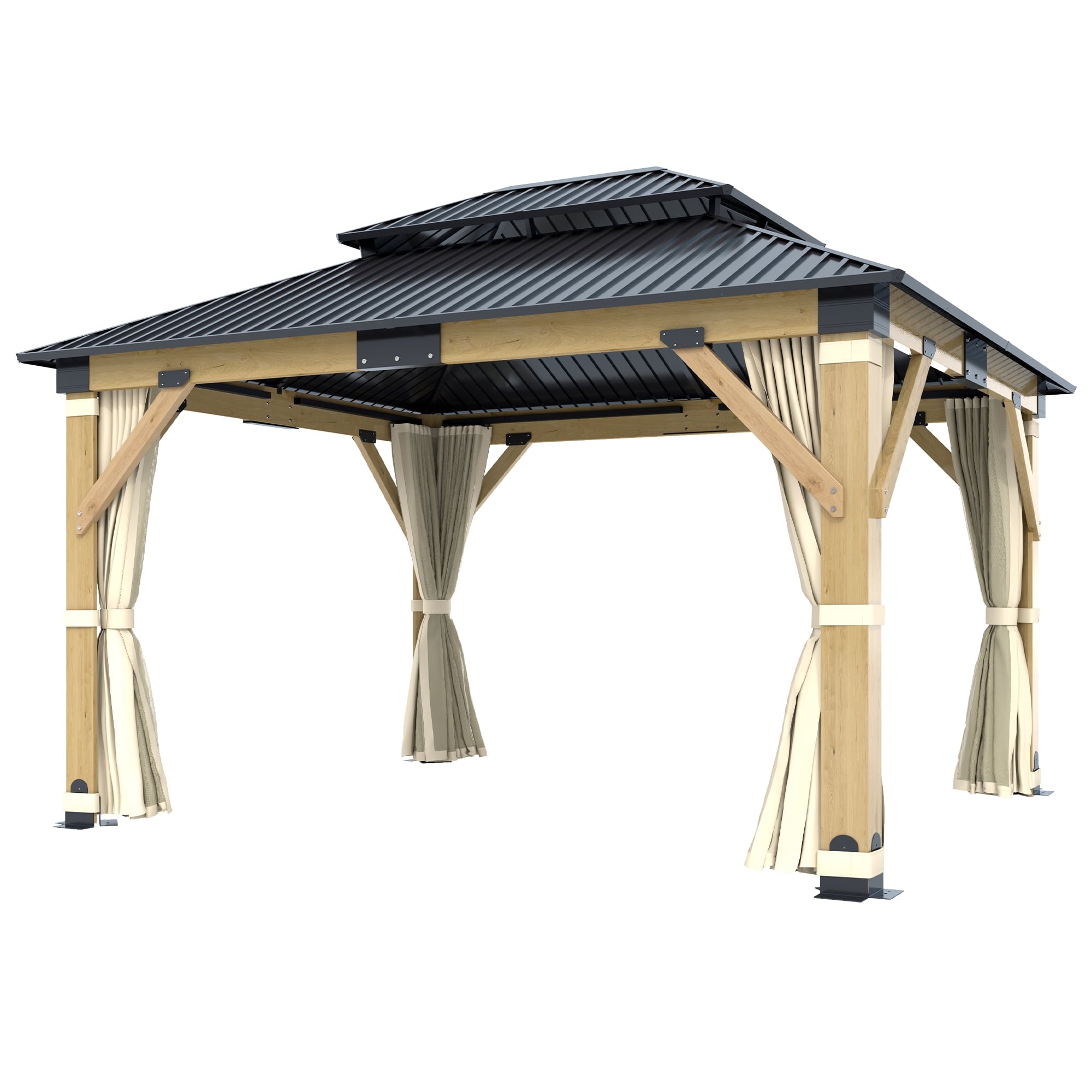 Mazonvintage 11 x 13 ft. Patio Cedar Wood Gazebo, Double Metal Roof Mazonvintage Wooden Gazebos with Curtains and Netting for Mazonvintage, Deck, Lawns