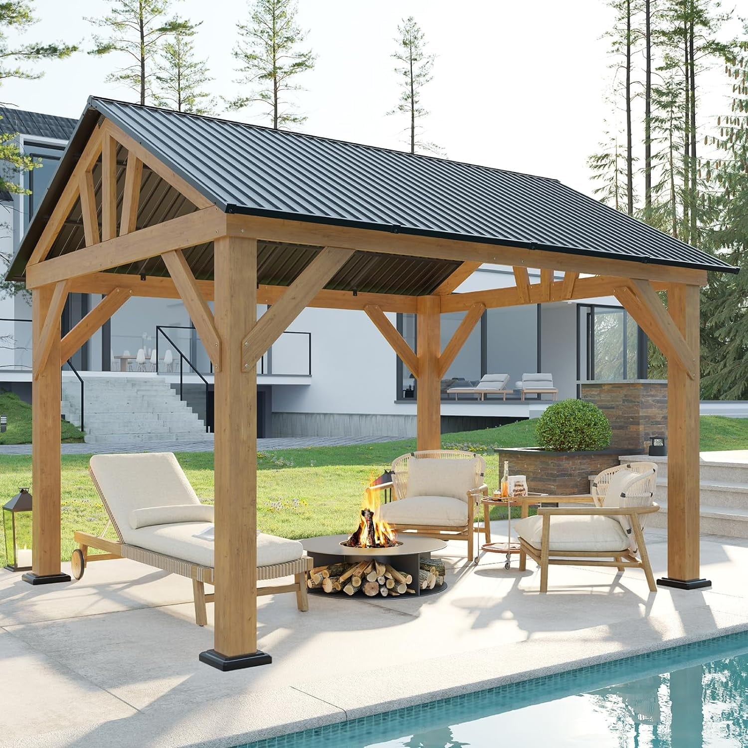 Mazonvintage Wood Gazebo 10'x12', Wind & Rain Resistant Design, Grill Gazebo for Garden, Mazonvintage