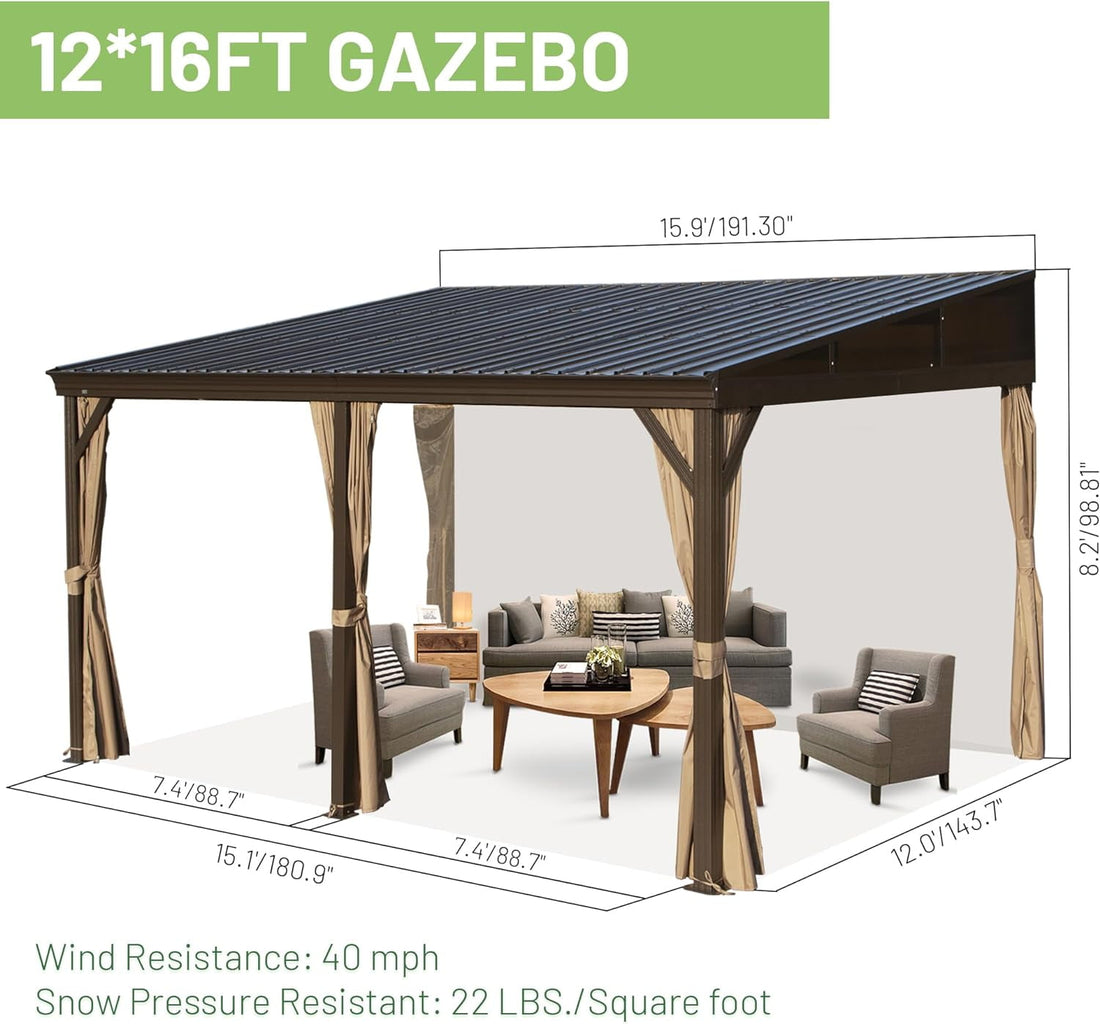 Mazonvintage 12x16FT Lean to Gazebo, Outdoor Hardtop Wall Mounted Gazebo with Sloping Galvanized Steel Roof, Durable Aluminum Frame, Netting Curtain for Deck, Porch, Mazonvintage