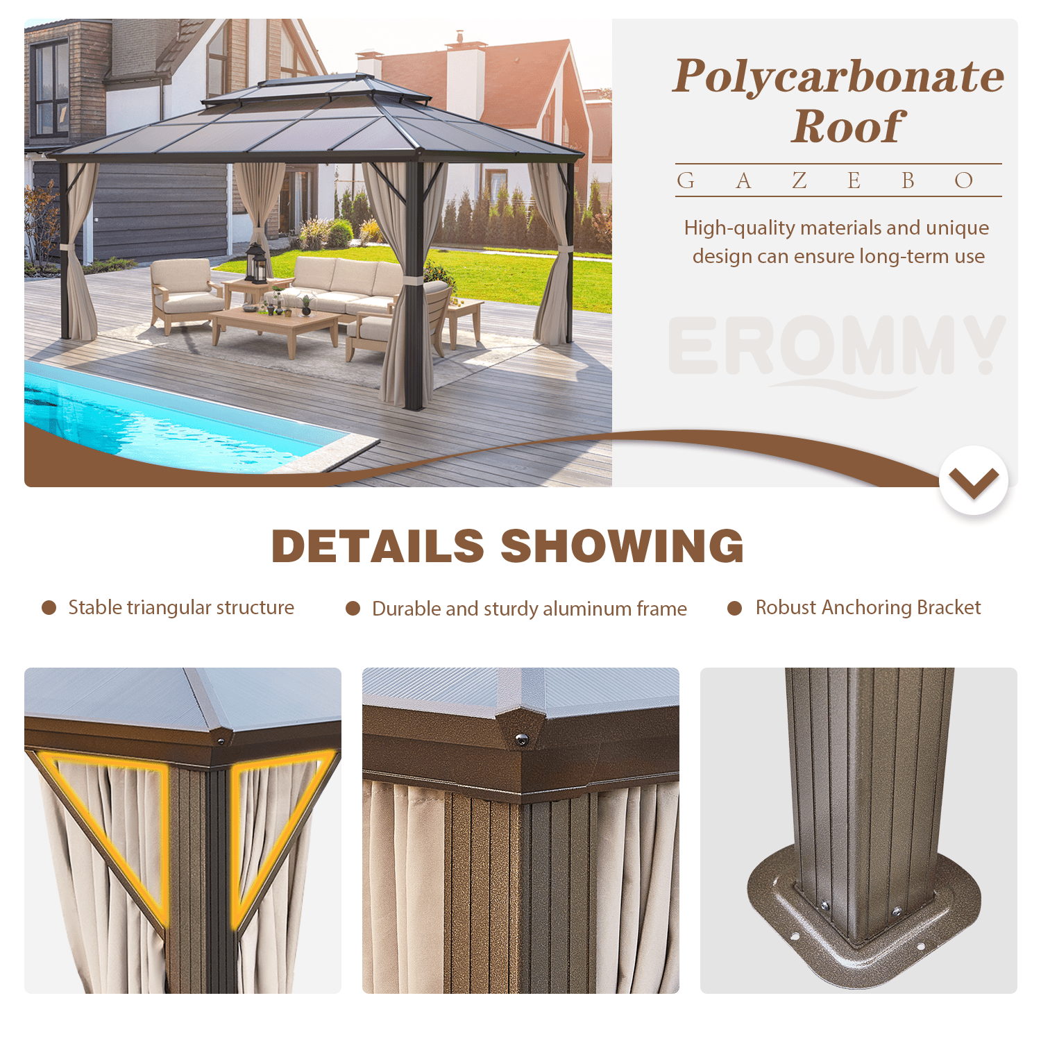 Mazonvintage 12'x16' Outdoor Polycarbonate Double Roof Mazonvintage Gazebo Canopy Curtains Aluminum Frame with Netting for Garden,Patio