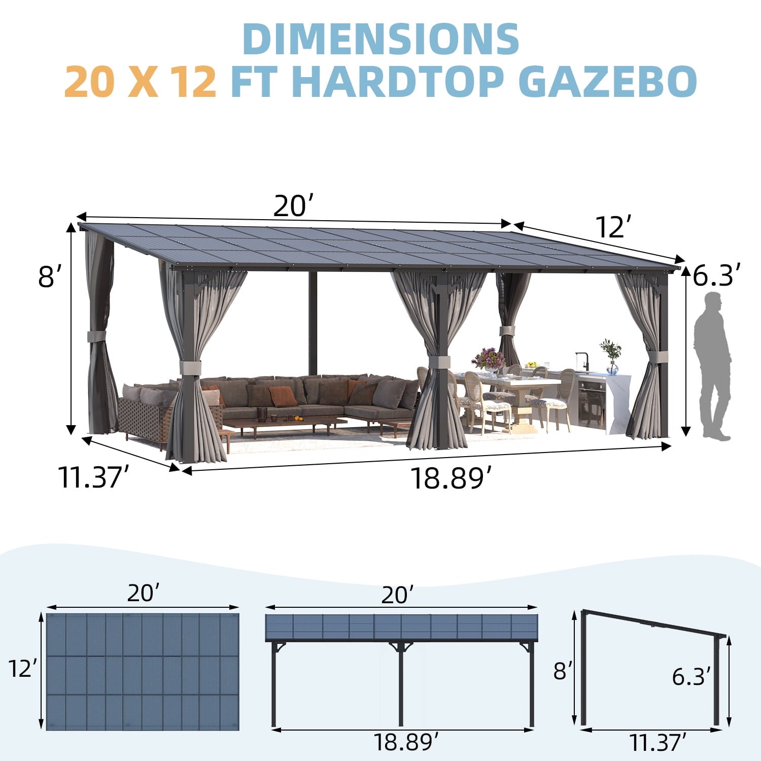 Mazonvintage 20' x 12' Lean to Gazebo with Netting and Curtain Outdoor Mazonvintage Gazebo Aluminum Metal Pergola ​For Garden, Patio, Mazonvintage-​Dark ​Gray