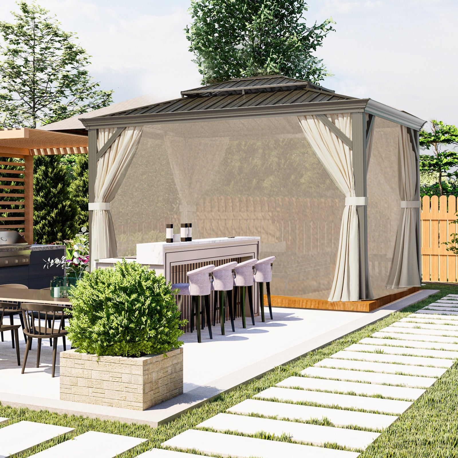 Mazonvintage Mazonvintage Gazebo, Aluminum Frame Canopy with Double Galvanized Steel Roof, Outdoor Metal Pavilion with Netting, Curtains for Backyard 10' x 12'
