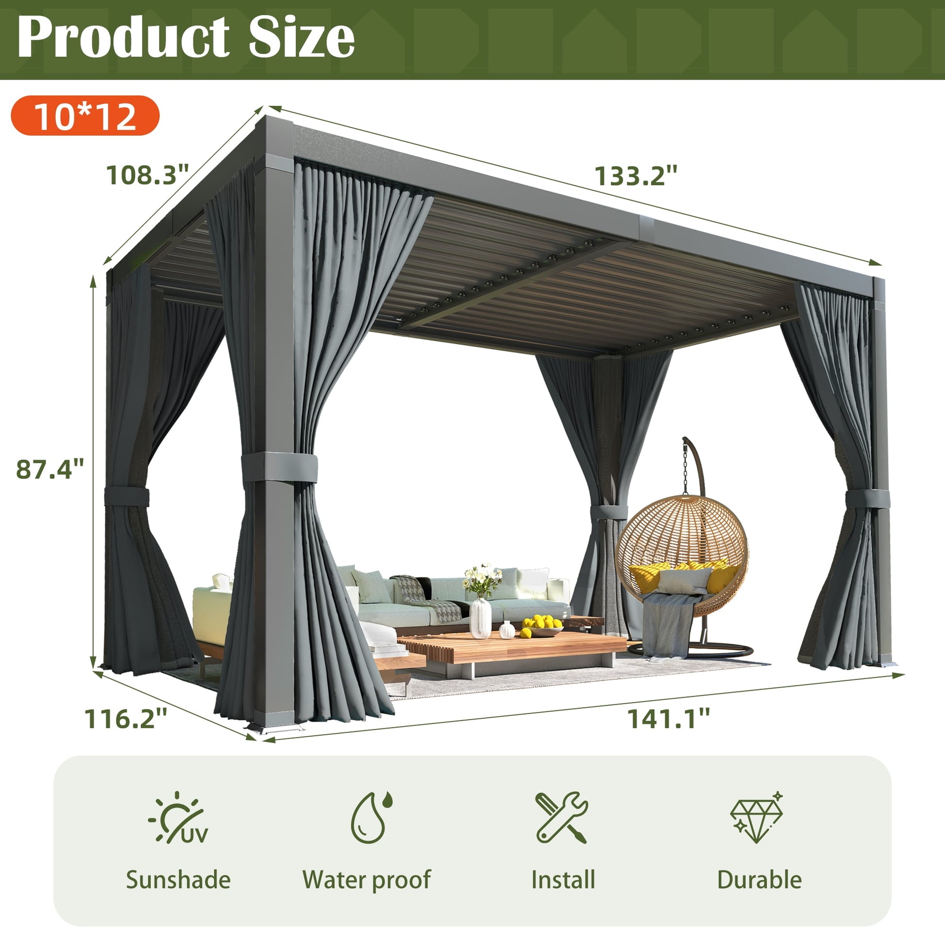 Mazonvintage 10'x12' Outdoor Aluminum Louvered Pergola with Adjustable Louvered Roof for Mazonvintage, Garden, and Decks, Gray