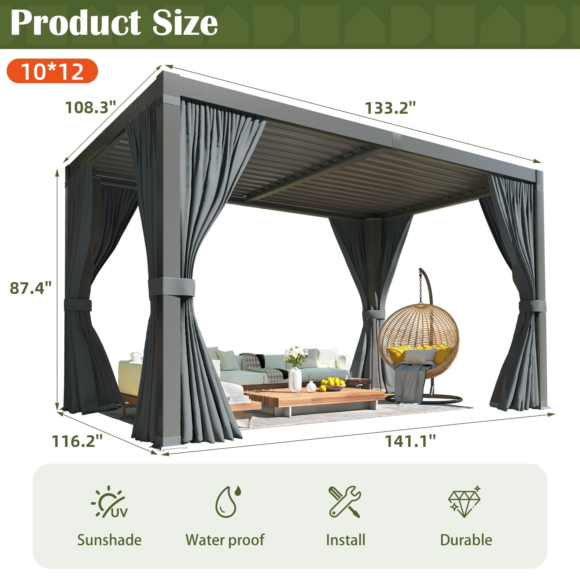Mazonvintage 10'x12' Outdoor Aluminum Louvered Pergola with Adjustable Louvered Roof for Mazonvintage, Garden, and Decks, Gray