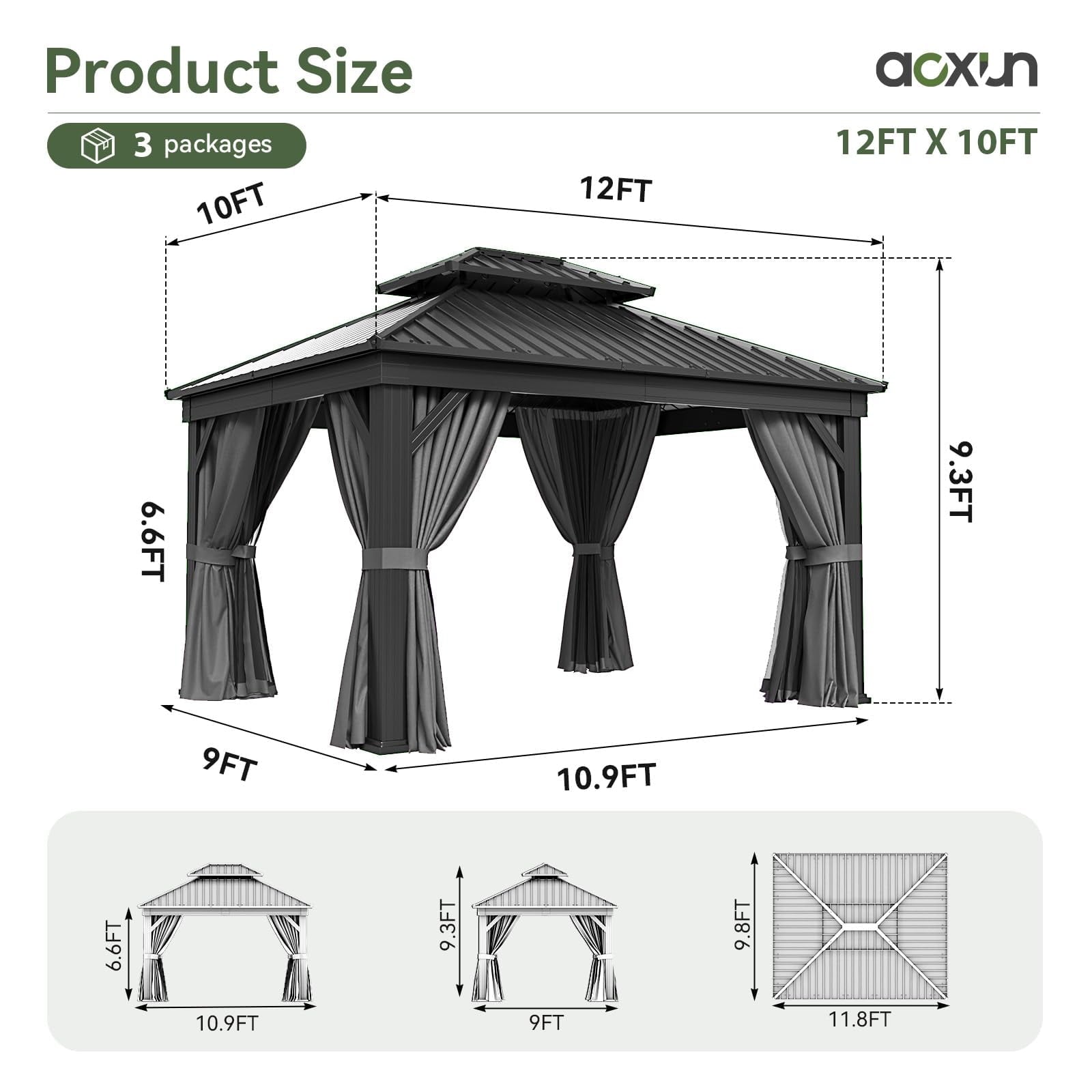 Mazonvintage 10' X 12' Hardtop Gazebo, Aluminum Outdoor Gazebo with Galvanized Steel Double Roof Canopy, Permanent Metal Gazebo with Privacy Curtain and Netting, for Garden, Backyard, Deck