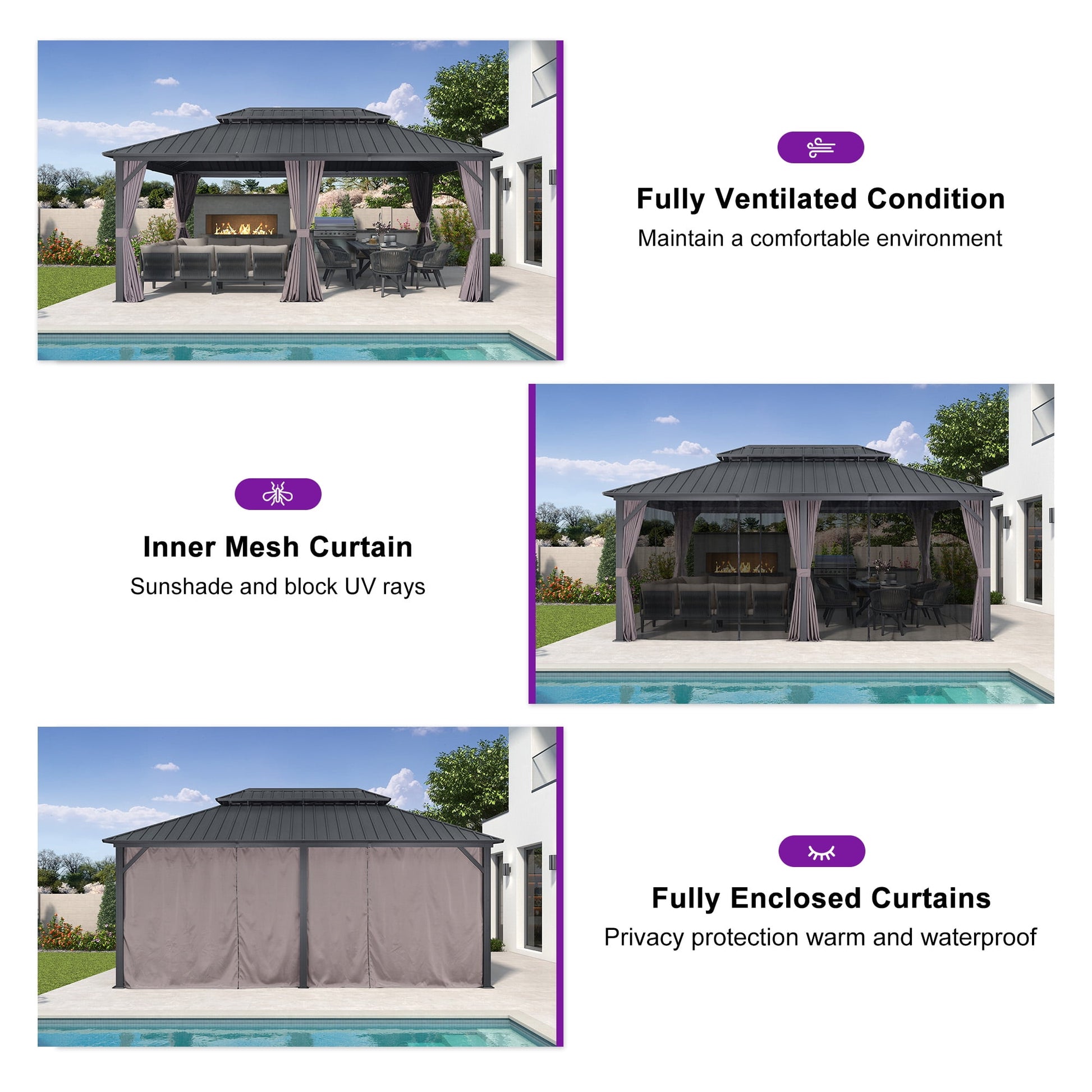 Mazonvintage LEAF 12' x 16' Permanent Hardtop Gazebo Aluminum Frame Gazebo with Galvanized Steel Double Roof, UV-Resistant for Mazonvintage Patio Lawn and Garden, Netting & Curtains included - Grey