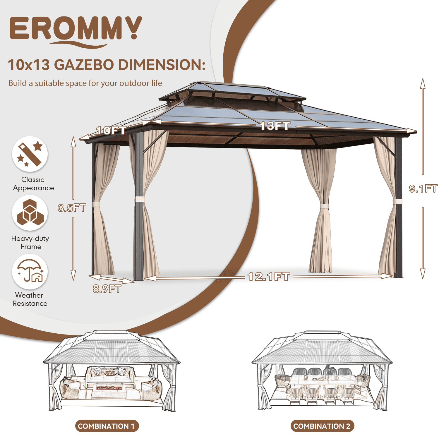 Mazonvintage 10'x13' Hardtop Gazebo with Polycarbonate Double Roof and Aluminum Frame for Garden, Patio, Lawns