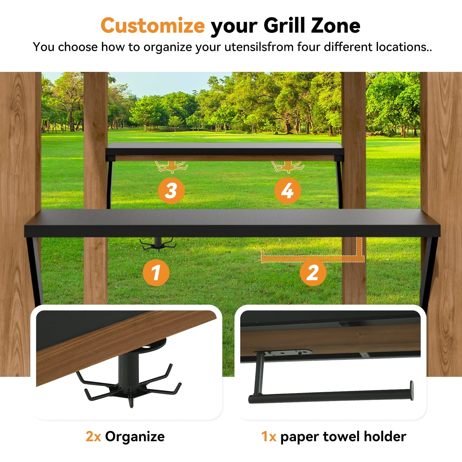 Mazonvintage Shade Grill Gazebo 6' X 8', Cedar Wood Gazebo with Shelves and Paper Towel Holder, Patio Gazebo with Galvanized Steel Roof, USB and USB-C Charging Ports, BBQ Gazebo for Patio Backyard