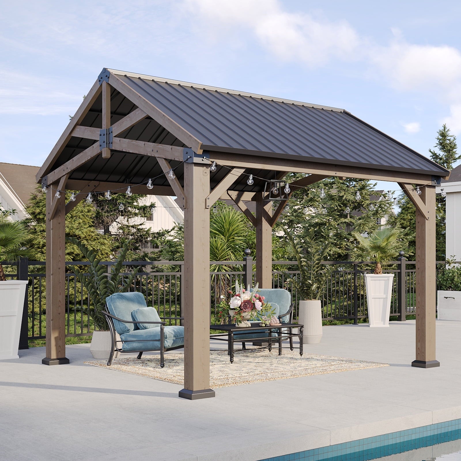 Mazonvintage 10' x 12' Outdoor Wood Frame Gazebo, Mazonvintage Gazebo with Galvanized Steel, Permanent Wooden Pavilion for Patio Mazonvintage Lawn Garden