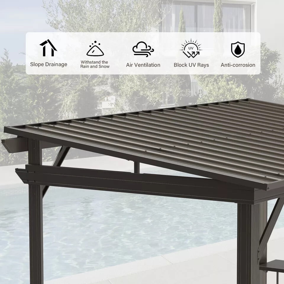 Mazonvintage 6.5x12FT Hardtop Grill Gazebo, Outdoor BBQ Shelter with 2 Side Shelves, Sloping Steel Roof, Permanent Sun Shade & Ceiling Hooks for Patio, Deck, Yard, Garden (Brown)