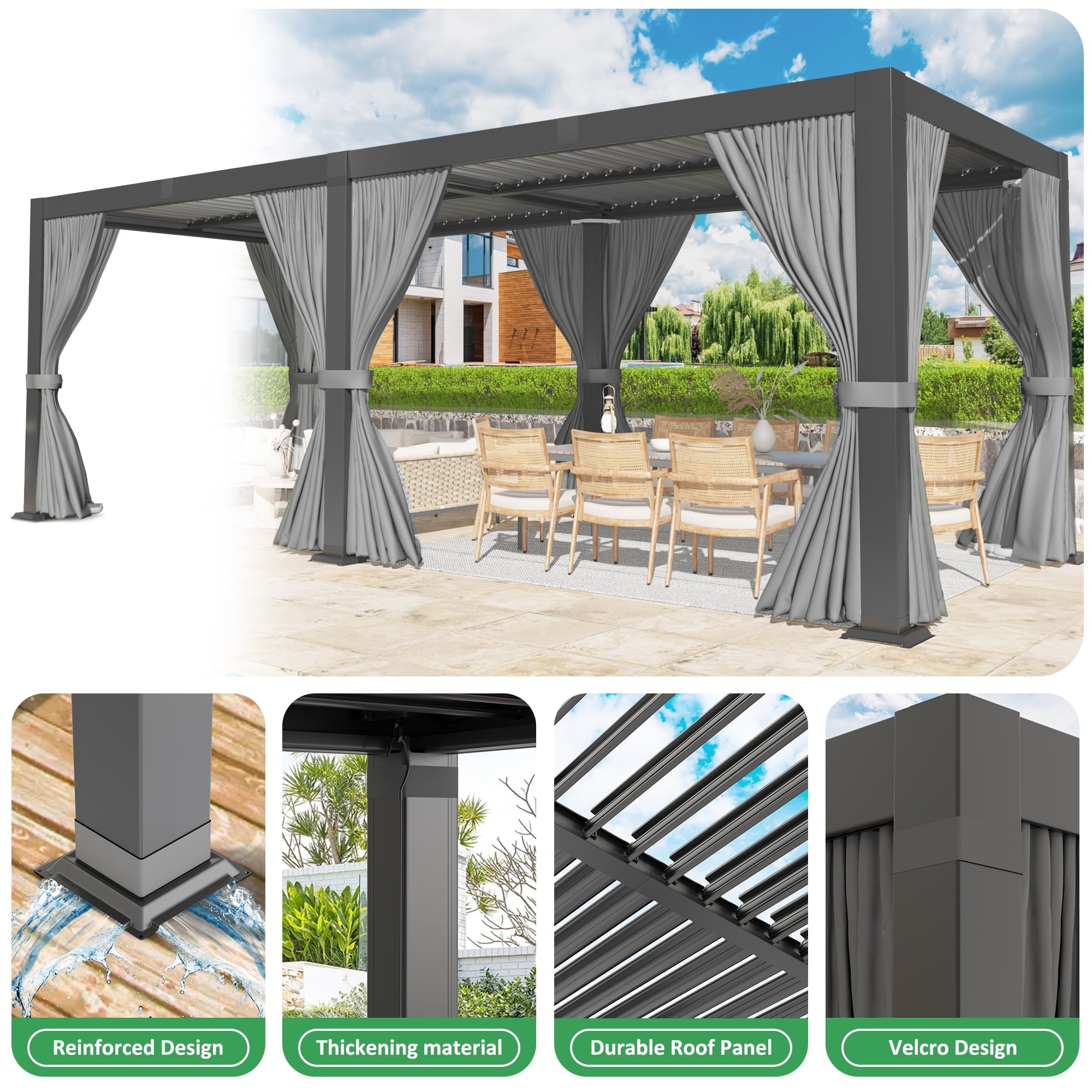 Mazonvintage Outdoor 10x20 FT Louvered Pergola, Aluminum Pergola with Adjustable Louvered Roof for Patio, Deck, Garden, Gray