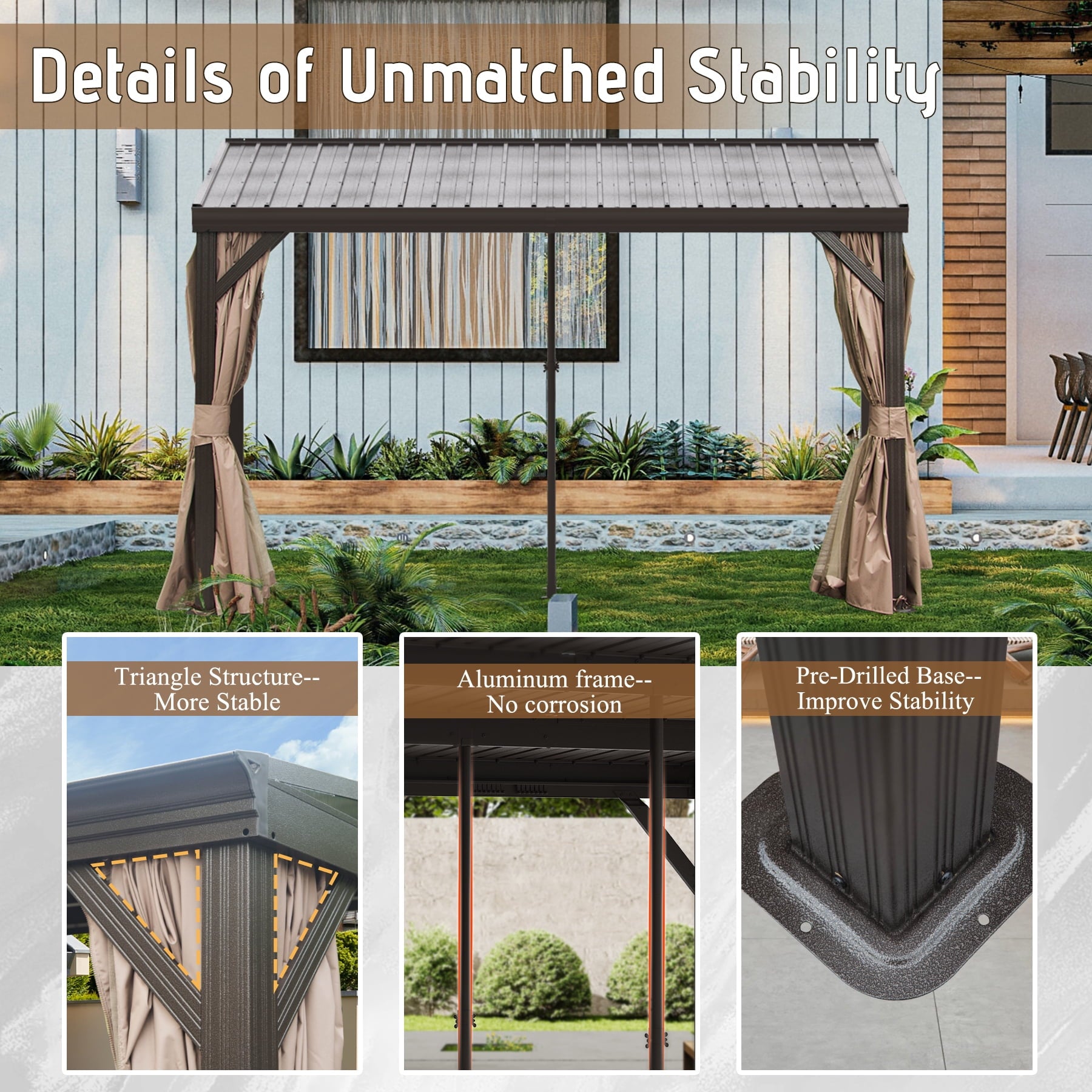 Mazonvintage Outdoor Living 10' x 12' Hardtop Lean-to Gazebo, Wall-Mounted with Galvanized Steel Roof Wall Pergola with Aluminum Frame, Curtains and Netting, for Patio, Deck, Garden, Backyard
