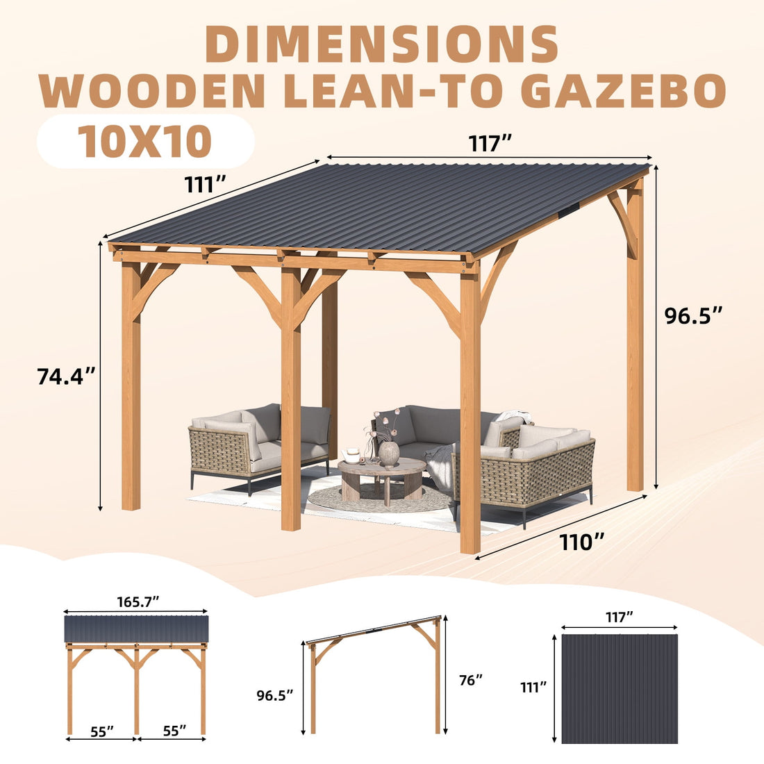 Mazonvintage 10' x 10' Wall-Mounted Outdoor Wood Gazebo, Hardtop Cedar Pergola with Heavy-Duty Awnings for Patio, Deck, Backyard