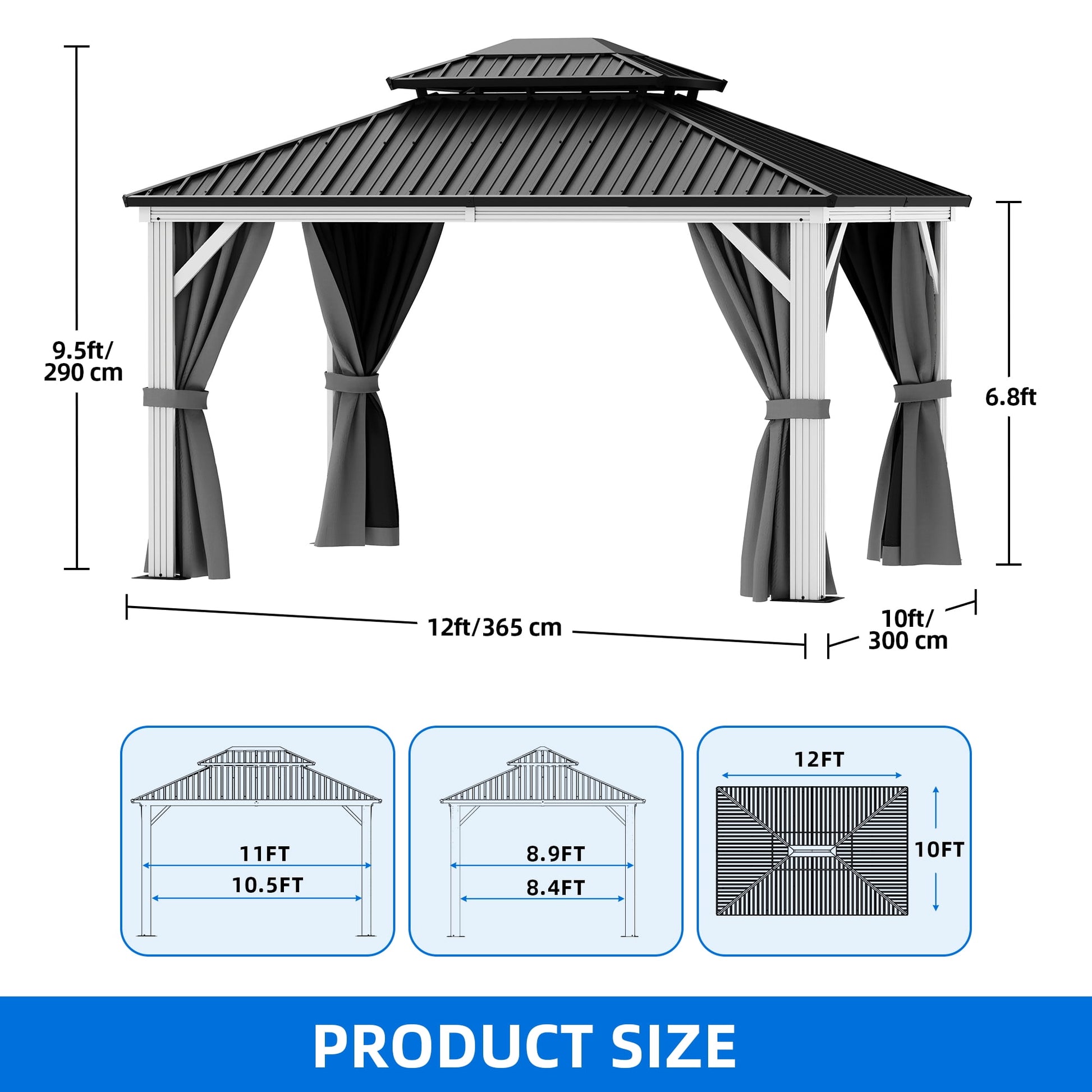 Mazonvintage 10x12 FT Outdoor Hardtop Gazebo,Double Roof Canopy, Aluminum Frame Patio Gazebo with Netting & Gray Curtains, Sunshade for Garden, Patio, Lawns, White&Gray