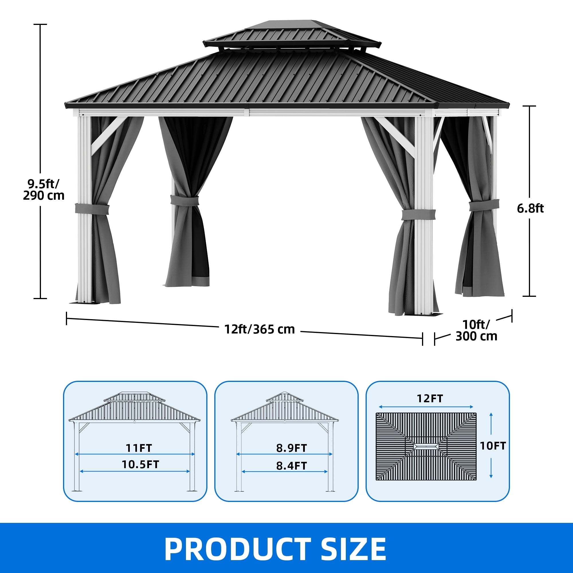 Mazonvintage 10x12 FT Outdoor Hardtop Gazebo,Double Roof Canopy, Aluminum Frame Patio Gazebo with Netting & Gray Curtains, Sunshade for Garden, Patio, Lawns, White&Gray