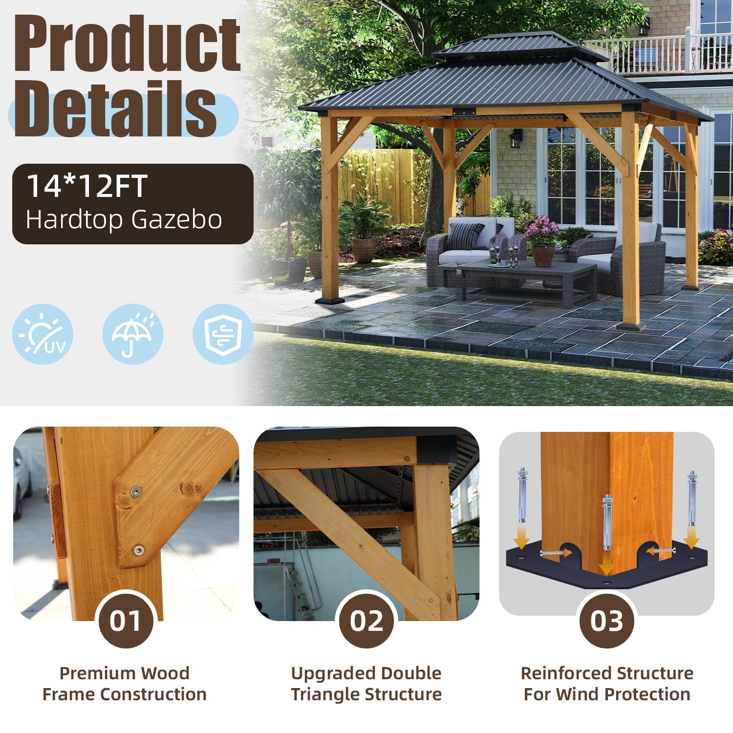 Mazonvintage Fir Wood Carport Gazebo Permanent Double Layer Steel Roof Wooden Frame All Weather Patio Shelter with Insect Netting Heavy Duty Canopy