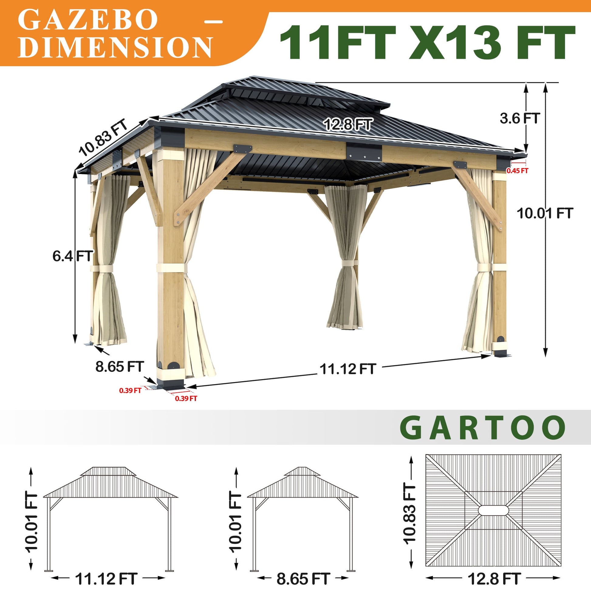 Mazonvintage 11 x 13 ft. Patio Cedar Wood Gazebo, Double Metal Roof Mazonvintage Wooden Gazebos with Curtains and Netting for Mazonvintage, Deck, Lawns