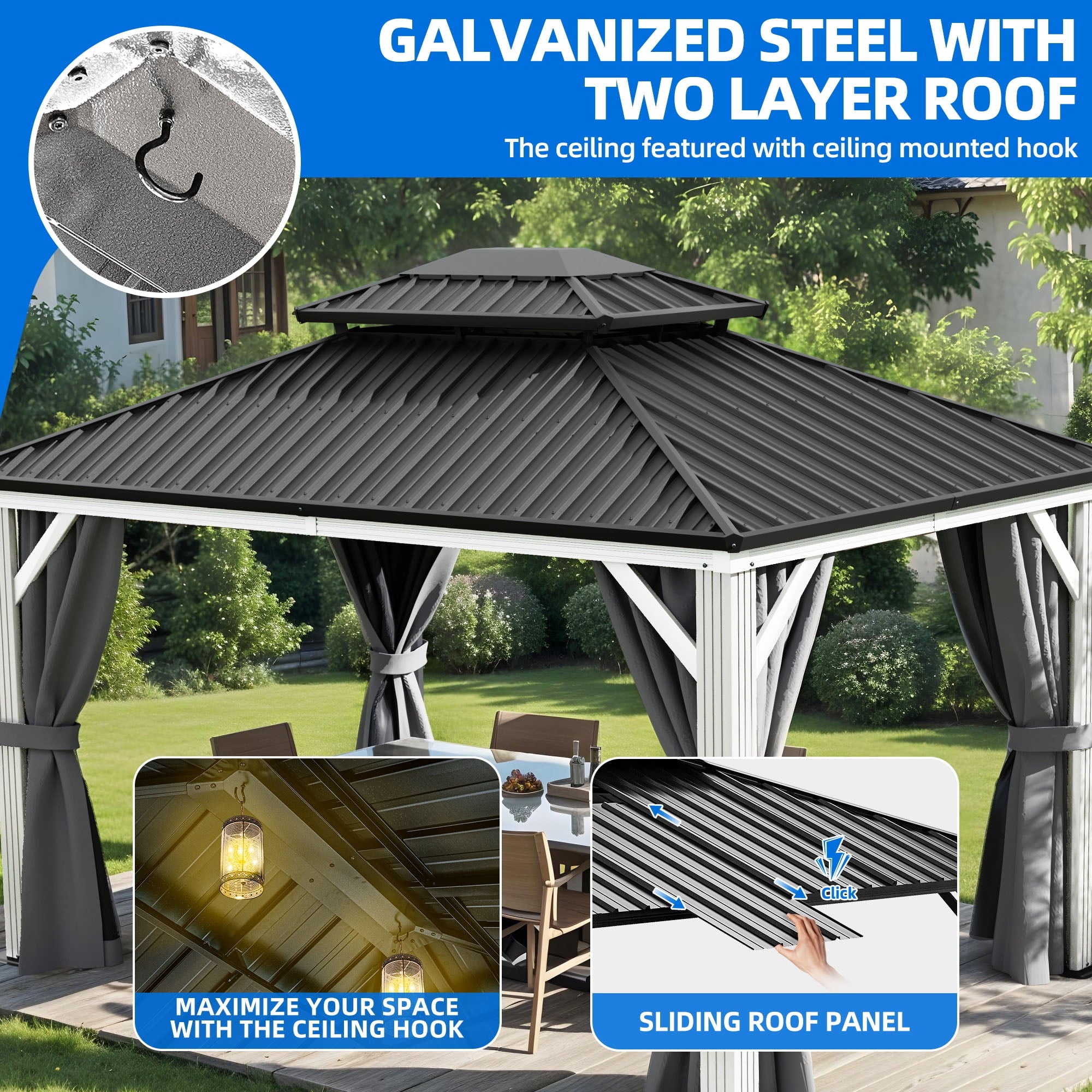 Mazonvintage 10x12 FT Outdoor Hardtop Gazebo,Double Roof Canopy, Aluminum Frame Patio Gazebo with Netting & Gray Curtains, Sunshade for Garden, Patio, Lawns, White&Gray
